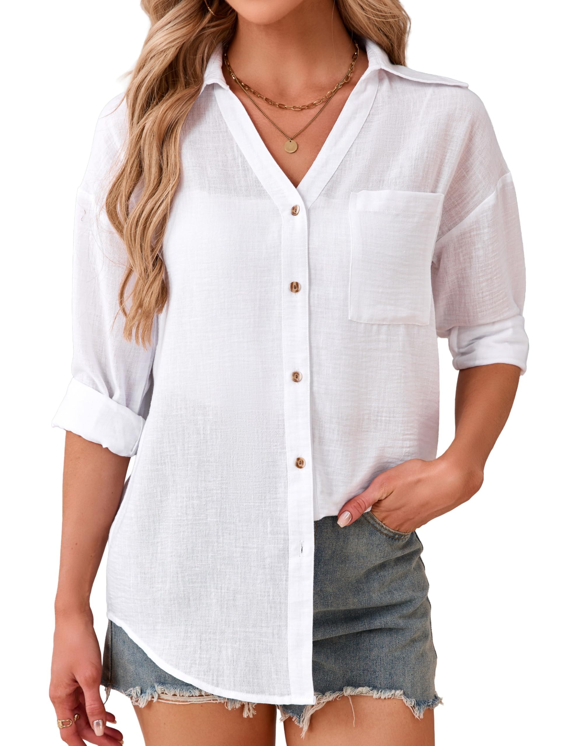 Enmain Camisa Mujer de Lino y Algodón Verano Blusa Manga Larga Cuello en V Camisas Casual Elegante Cómoda Corte Regular Tallas S-3XL Ideal para Oficina Trabajo Playa Vacaciones