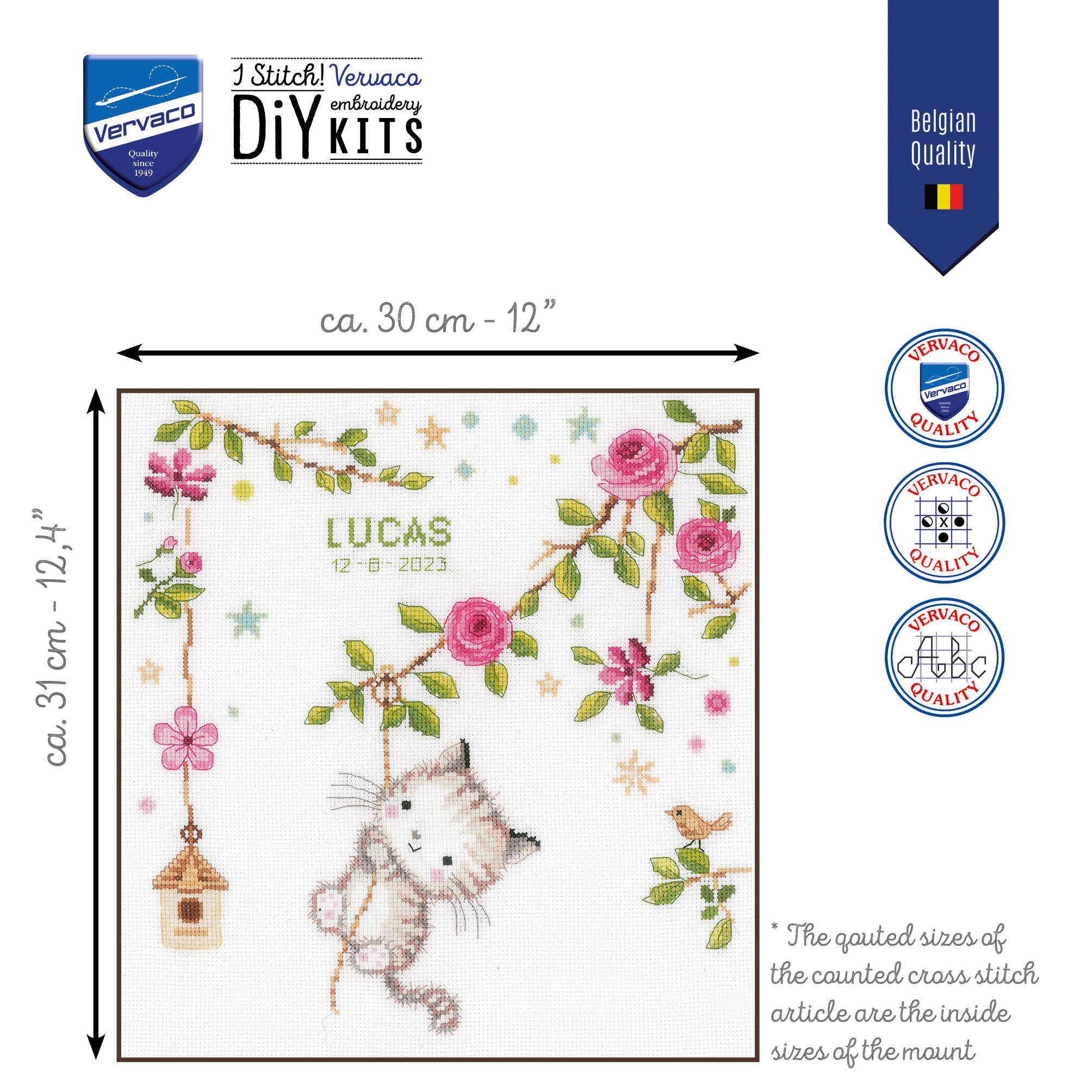 Vervaco Gezählter Kreuzstich Stickpackungen Stickset Baby Geburt Freches Kätzchen Wanddekoration Handarbeit Set für Erwachsene Kreatives Handwerk ca. 30 x 31 cm Geburt Geschenk Hausdeko