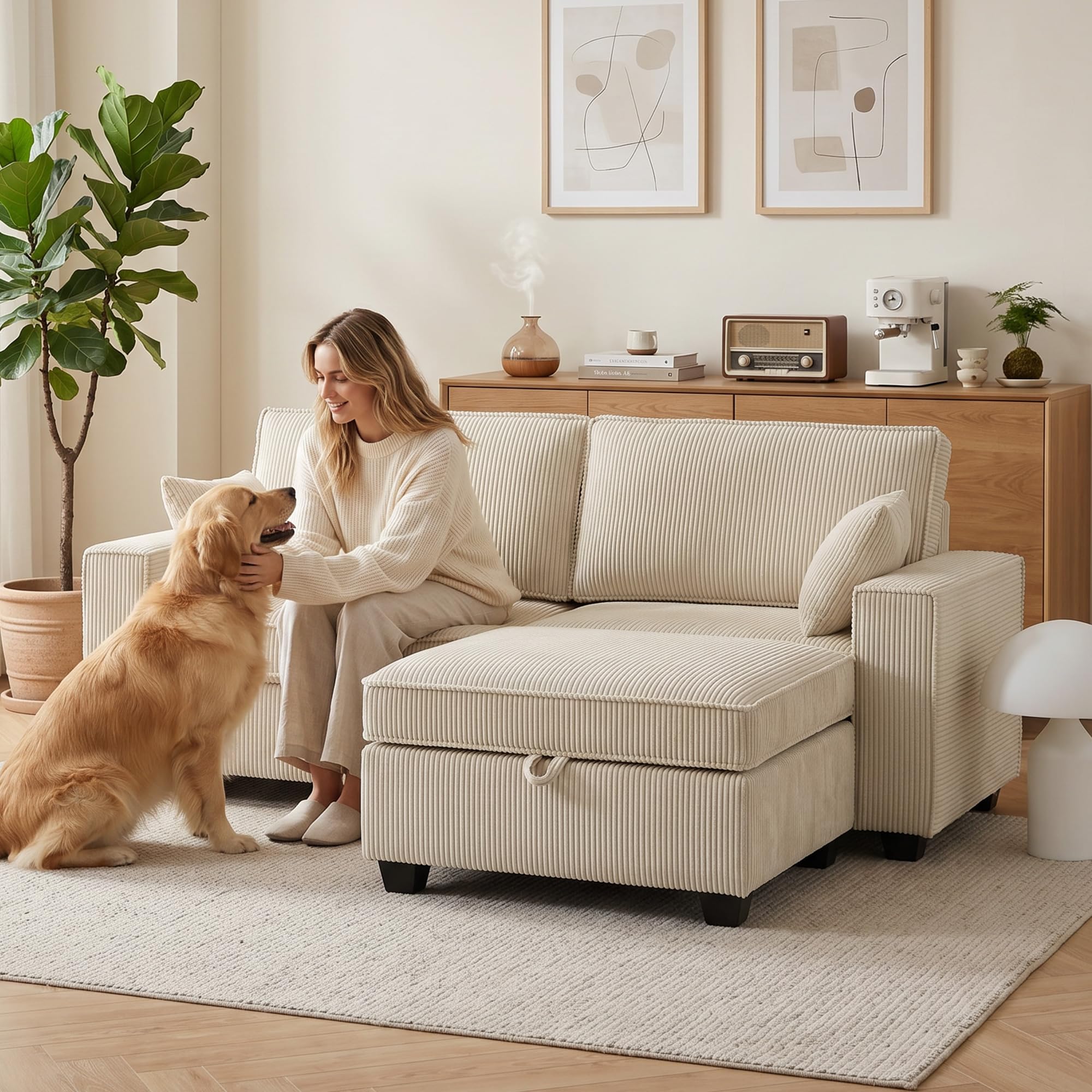 HOMCOM Ecksofa 216 cm L-Form mit Umkehrbarem Aufbewahrungshocker Beige
