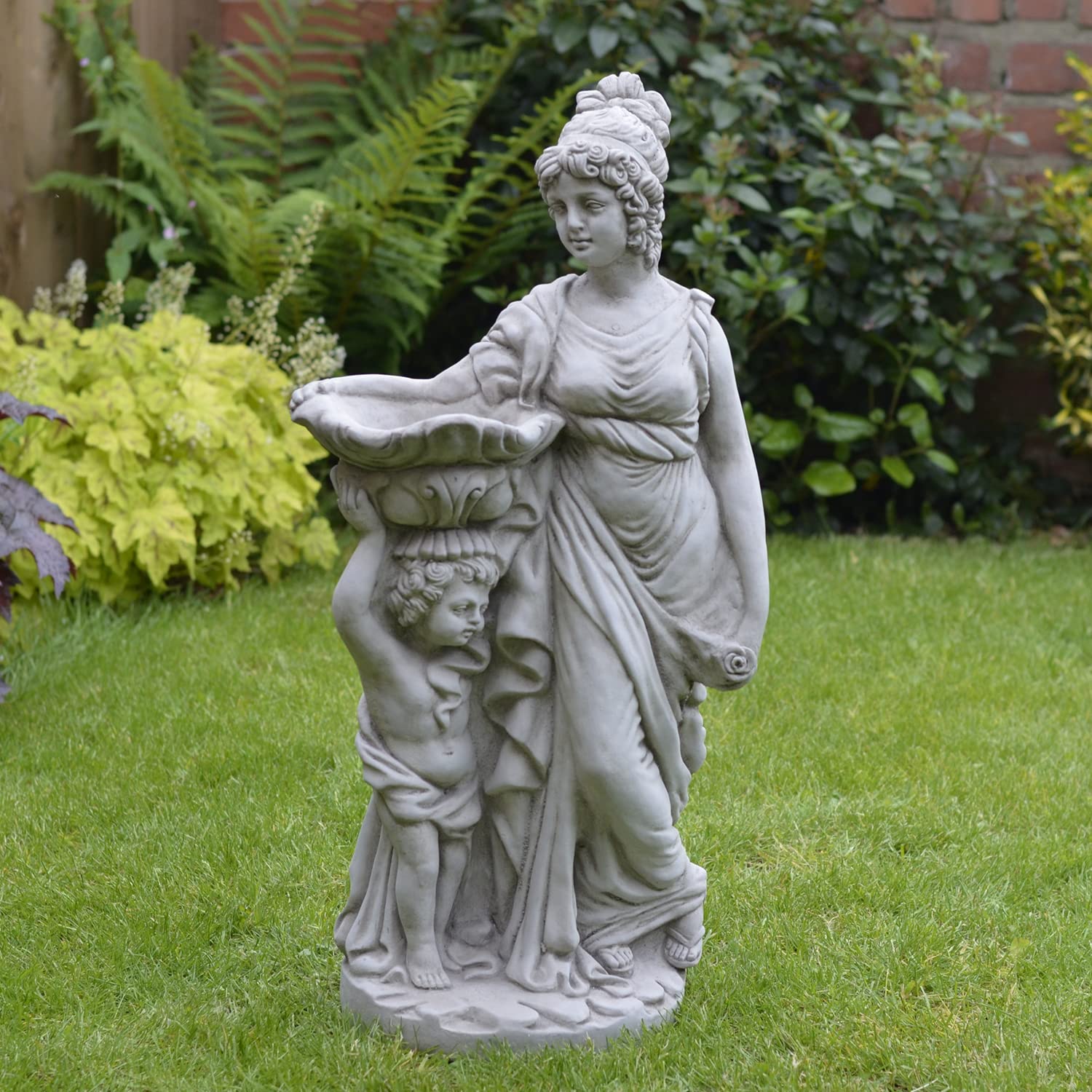 Garden Ornaments By Onefold Grey Onefold Roman Maiden And Cherub Bird Bath, Beautiful Garden Statue And Ornament, Stone Garden Feature, Water Basin, Gift Idea
