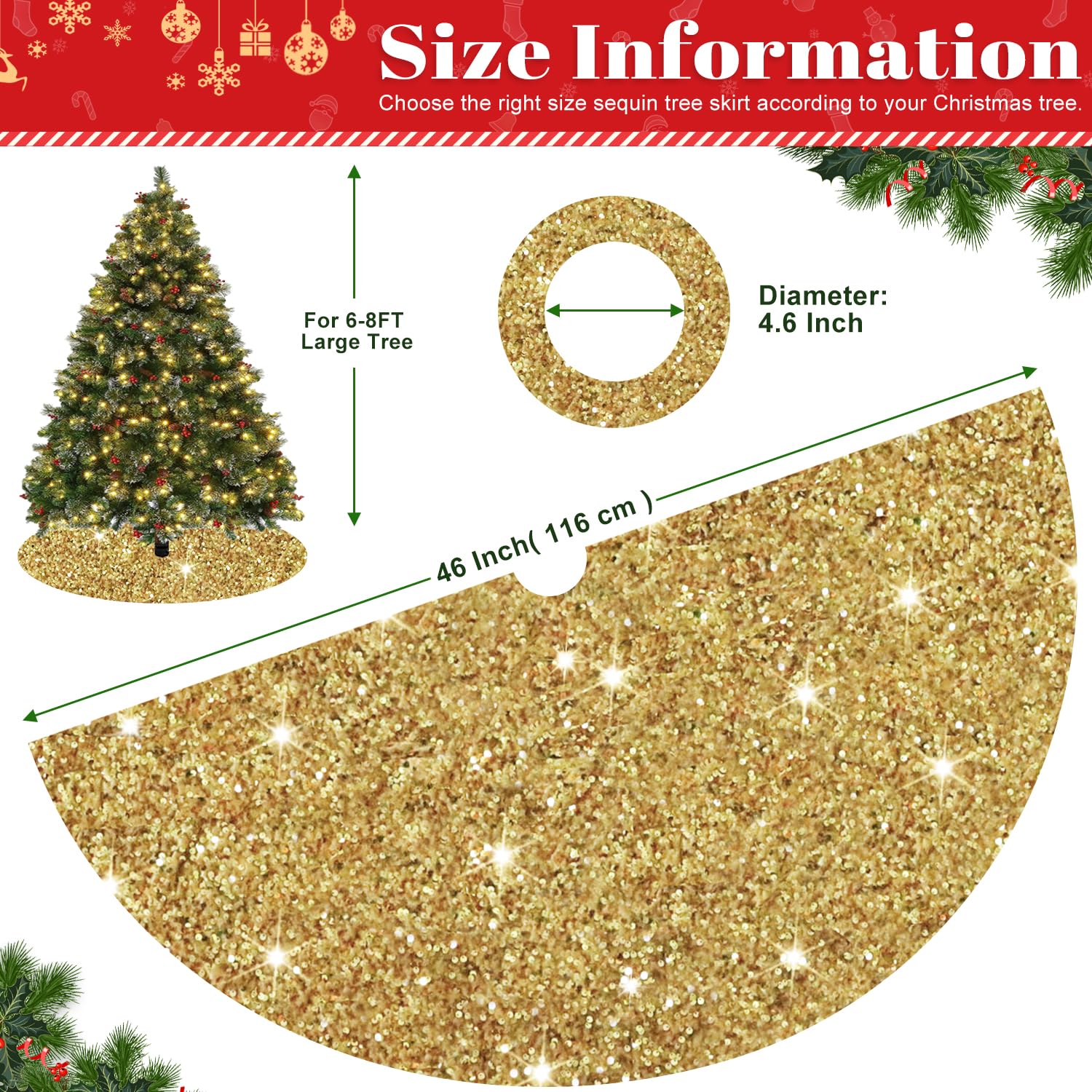 FOTSHARER 117,8 cm Gold Weihnachtsbaum Rock Samt Pailletten Baum Rock Matte Glitzer Weihnachtsbaum Röcke Groß für Winter Holiady Luxus Sparkle Baum Abdeckung Rock für künstliche Bäume Weihnachtstag