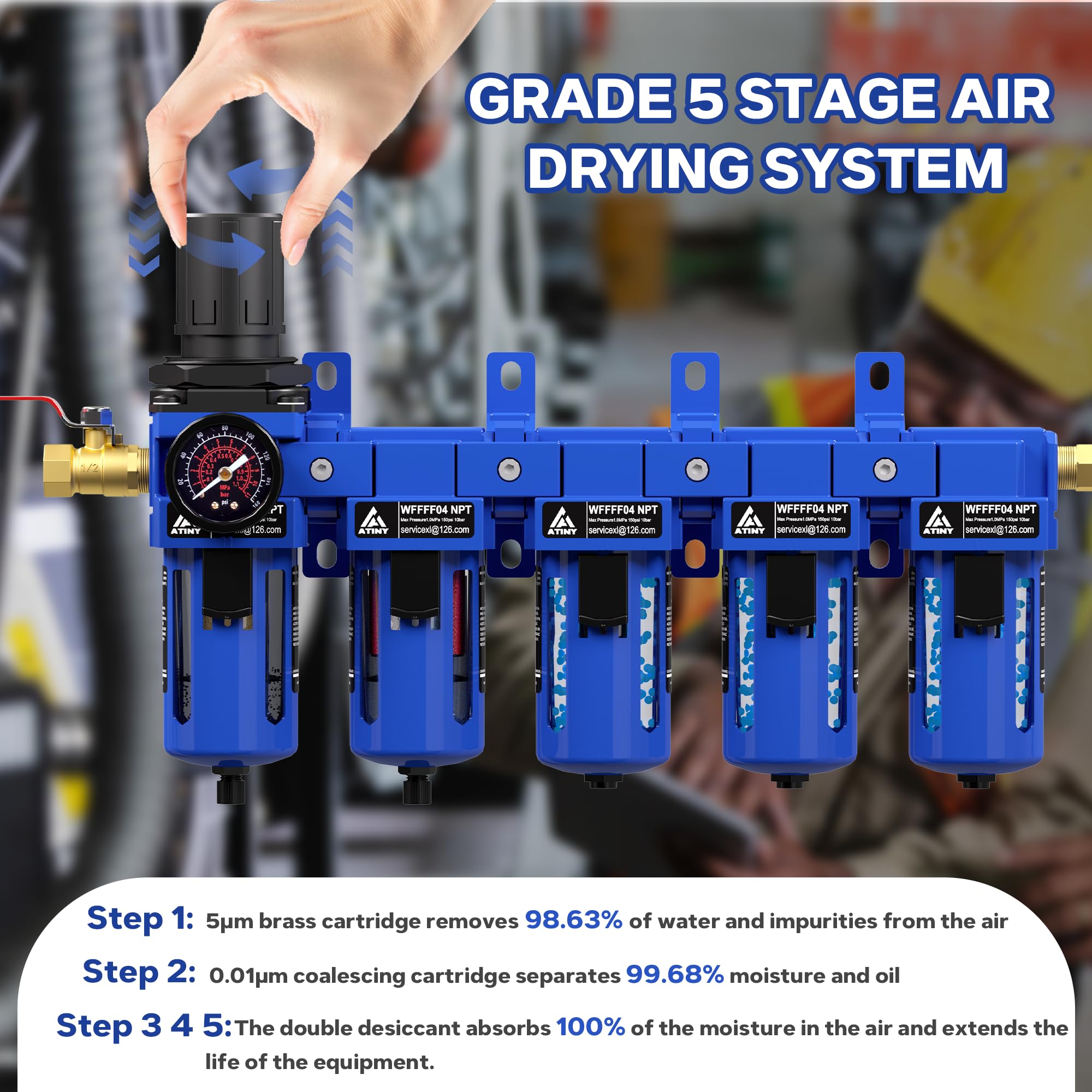 1/2 '' NPT 5 Stage Air Dryer per compressore, 5 & 0.01 Micron cartuccia filtro sistema di essiccazione aria, doppio essiccatore essiccante, scarico semi-automatico, grado