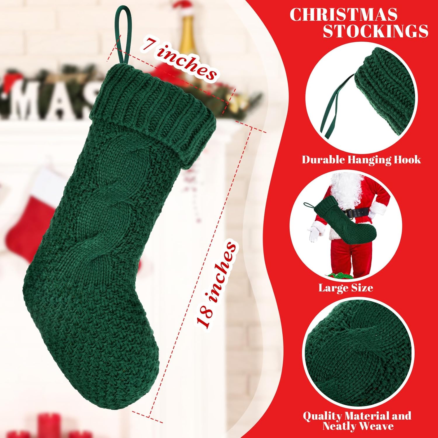 Cozypower 4 Pack Christmas Stockings with Name Tag, 18 Inch Large Cable Knitted Stockings Xmas Hanging Stocking Gift Bags for 2026 Fireplace Mantels Xmas Tree Decorations(Green)