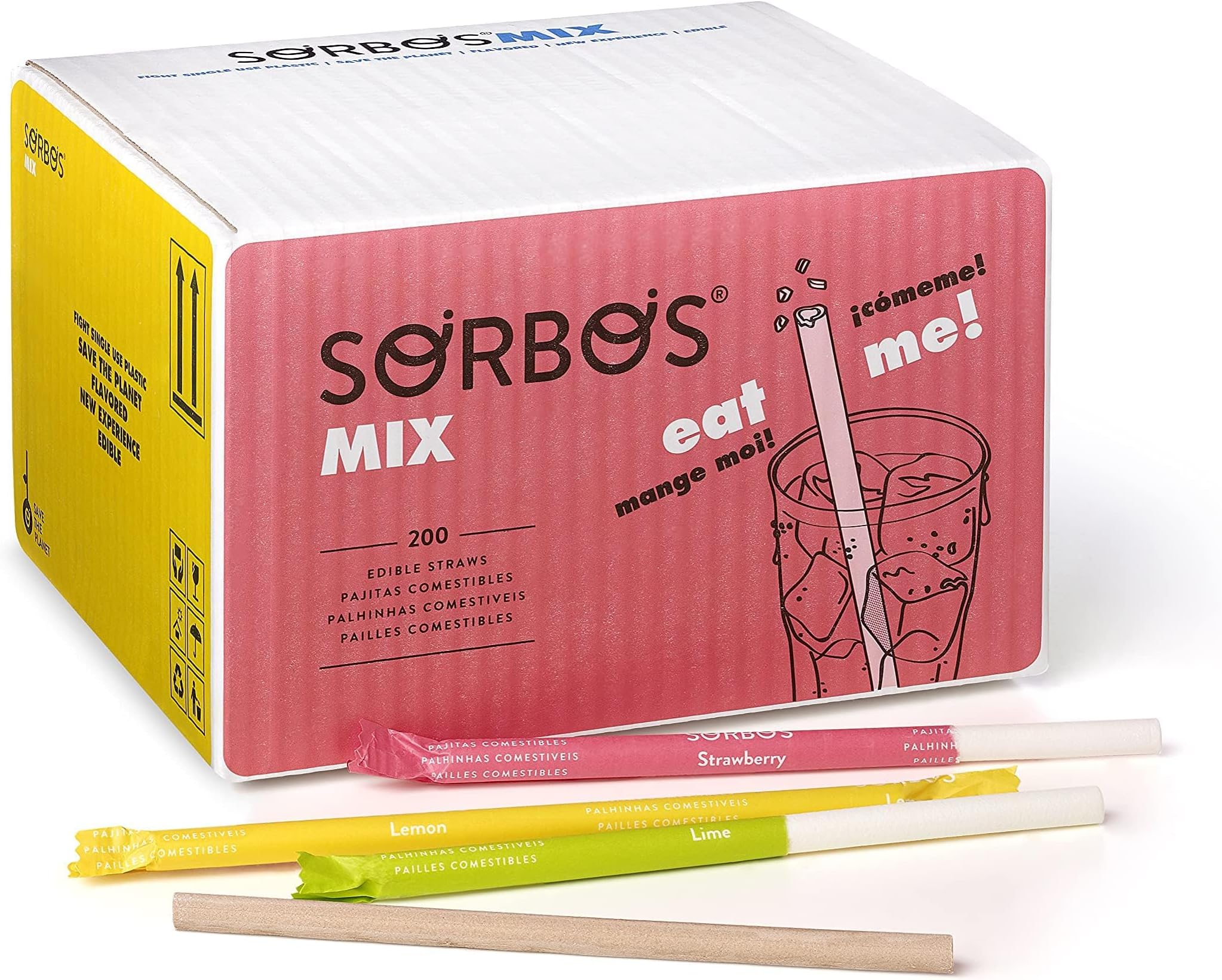 SORBOS Edible Straws, Assorted Flavors - Chocolate, Lemon, Lime, Strawberry, Sustainable, Allergen-free, Gluten-free, 100% Biodegradable (200 Straws)