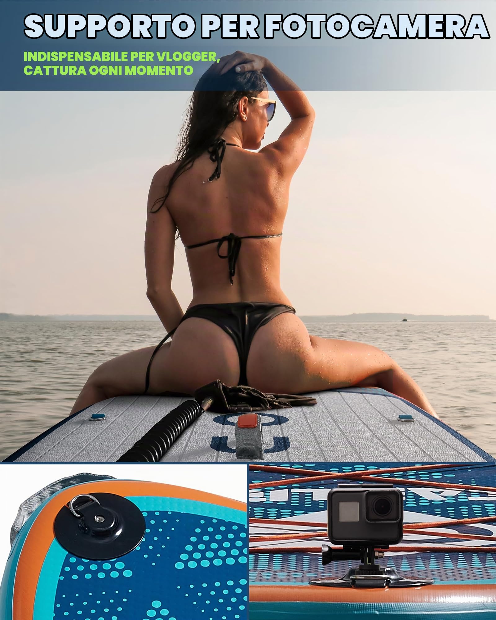 MOUSA Tavola da stand up paddle gonfiabile extra larga per adulti, stabile e lunga SUP per 2 persone/famiglia, tracolla, 5 manici, zaino da 100 l, tavola da paddle completa, 3 pinne rimovibili
