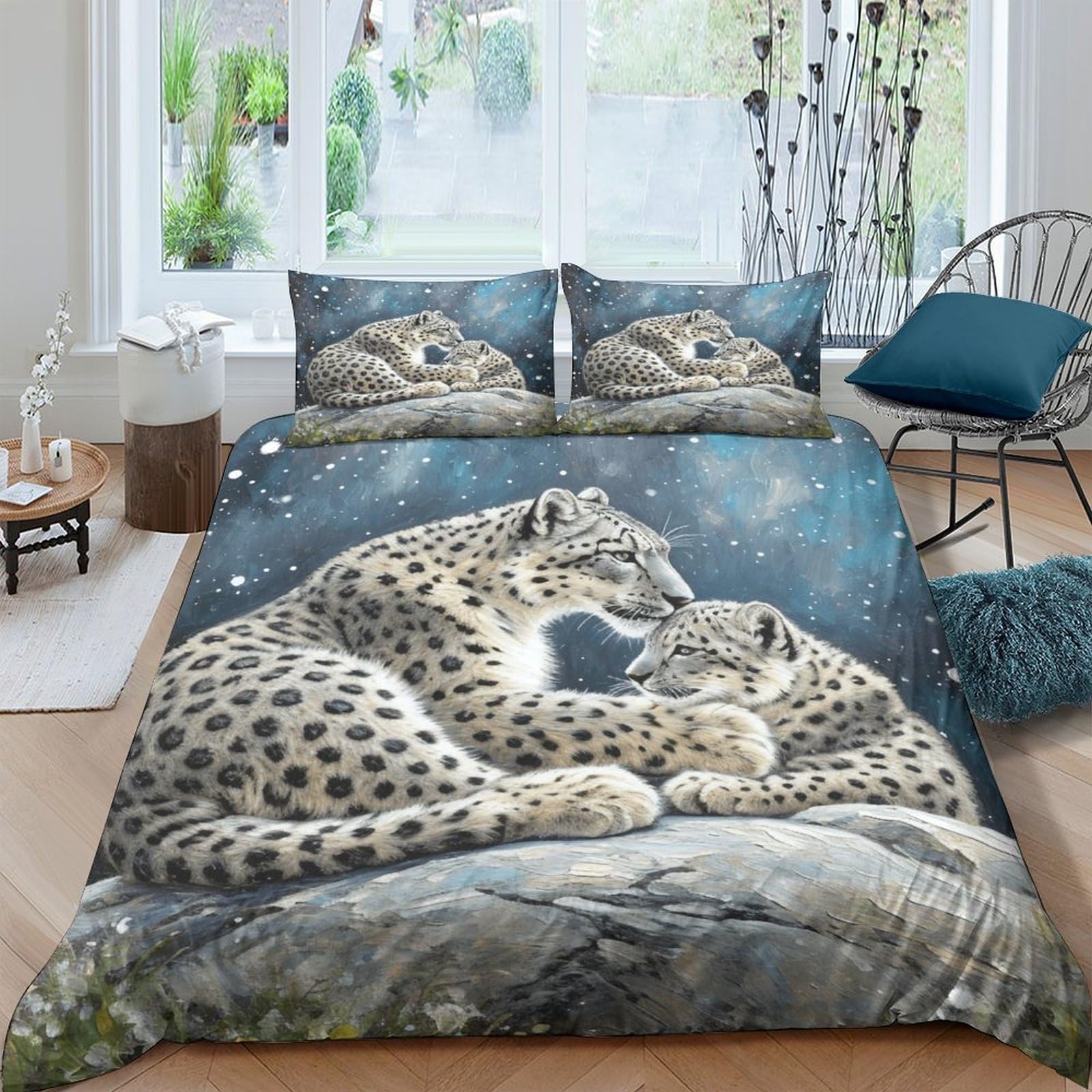 WXLWHR Snow Leopard Duvet Cover Set Soft Polyester 3 Piece 3D Printed Bedding Set Snow Leopard Cub Duvet Cover with Pillow Cases For Teenage Boys Double（200x200cm）