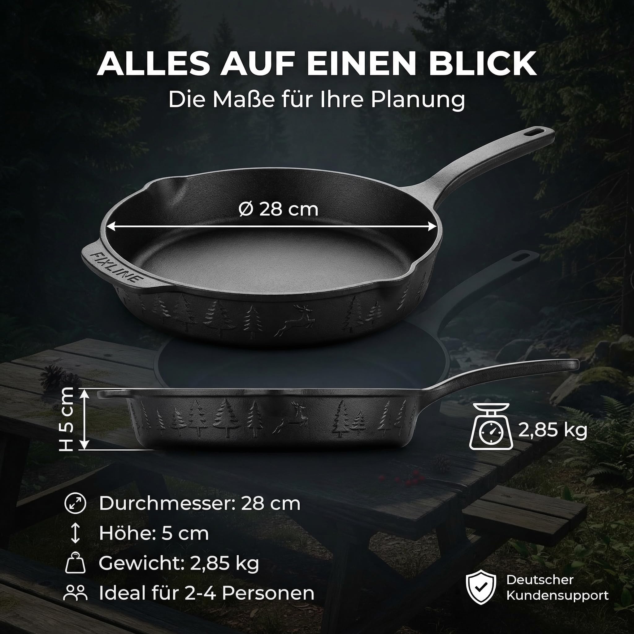 FIXLINE® Gusseisenpfanne in BLACK FOREST Edition 28cm - ORIGINAL - Induktion - Alle Herdarten inkl. Induktion - Emailliert - Kein Einbrennen nötig - Inklusive Rezeptbuch - Perfekte Geschenkidee