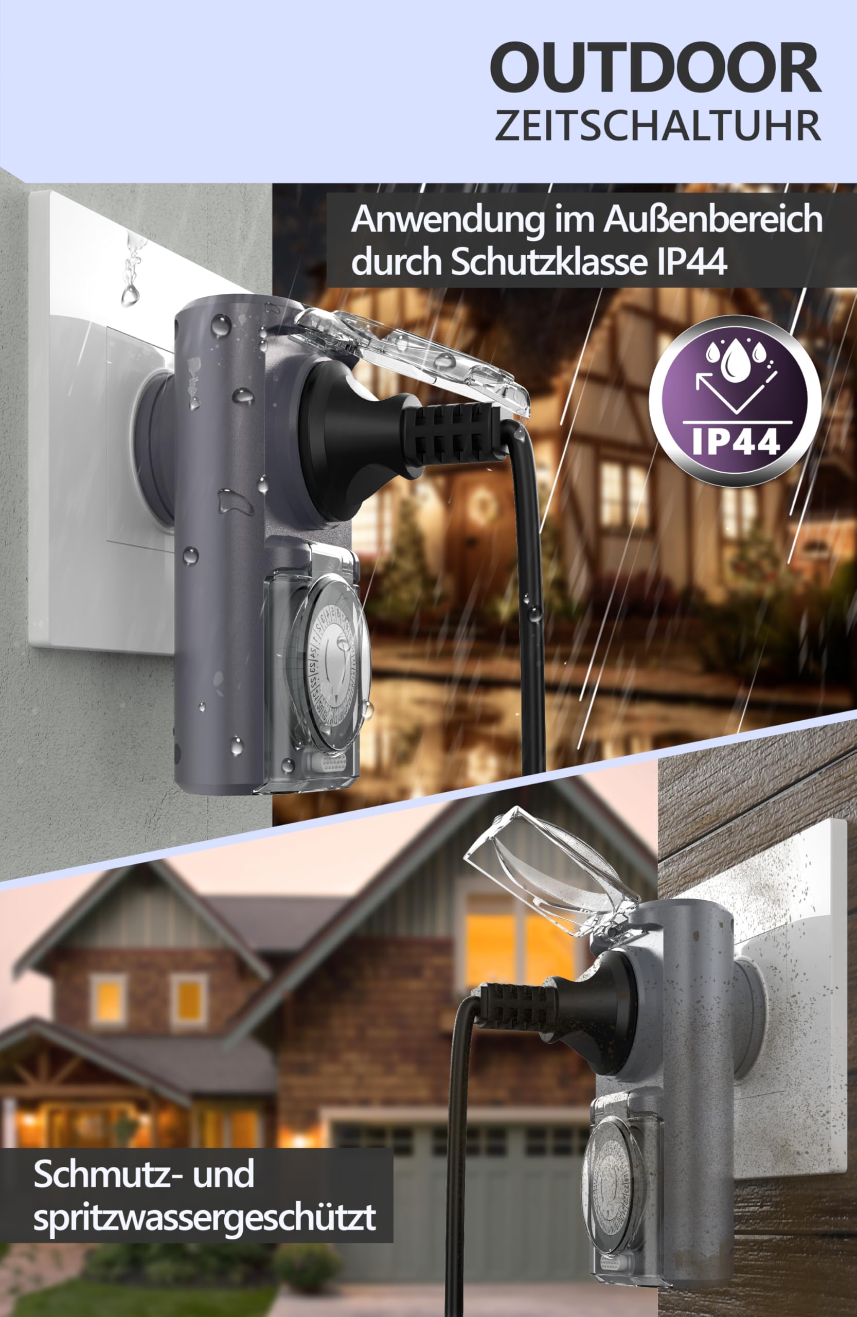 Premium Zeitschaltuhr Aussenbereich - 1 Stück - Zeitschaltuhr Steckdose außen IP44, mechanischer Zeitschalter analog außen - Outdoor Timer, Zeitschalter für Steckdose außen, hohe Schaltleistung