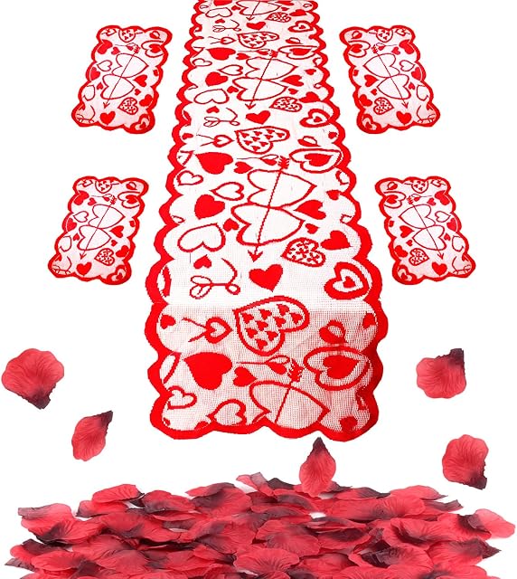 FEPITO 505Pcs Valentines Day Decoration Set Includes Red Heart Table Runner Table Placemats and Red Silk Rose Petals for Valentines Day Wedding Bachelorette Party Mother's Day
