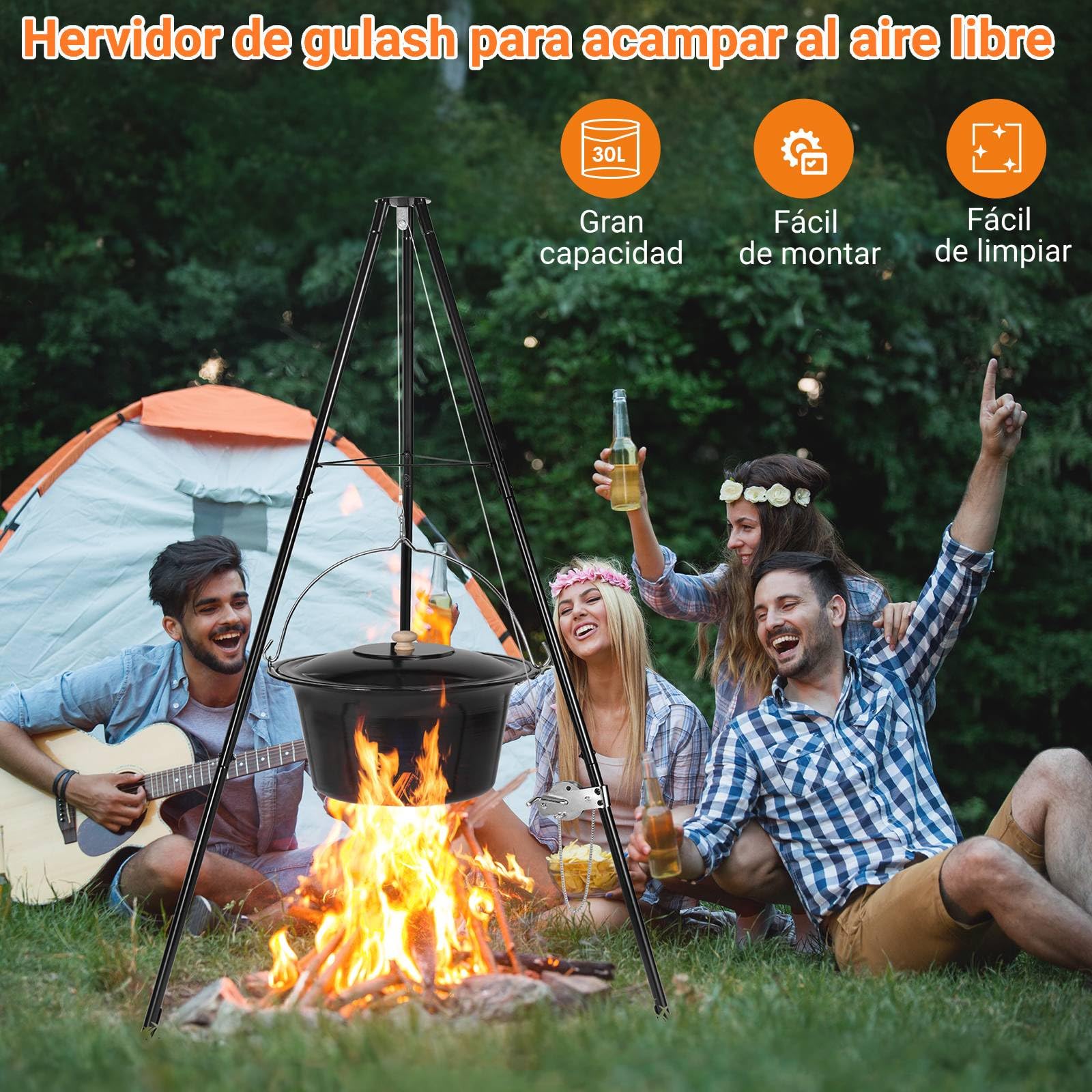 Hervidor para Goulash de 30L con Trípode y Cuchara, Hervidor para Gulash Original Húngaro, Olla para Gulash Esmaltada, con Cadena de Altura Ajustable, Juego de Olla para Gulash, para 25-30 Personas