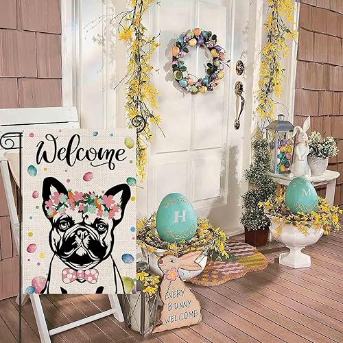 Miniatura 10 de Bandera de Pascua para jardín, huevo de Pascua, bulldog inglés, banderas de doble cara para exteriores, flores de bienvenida, decoración de patio al