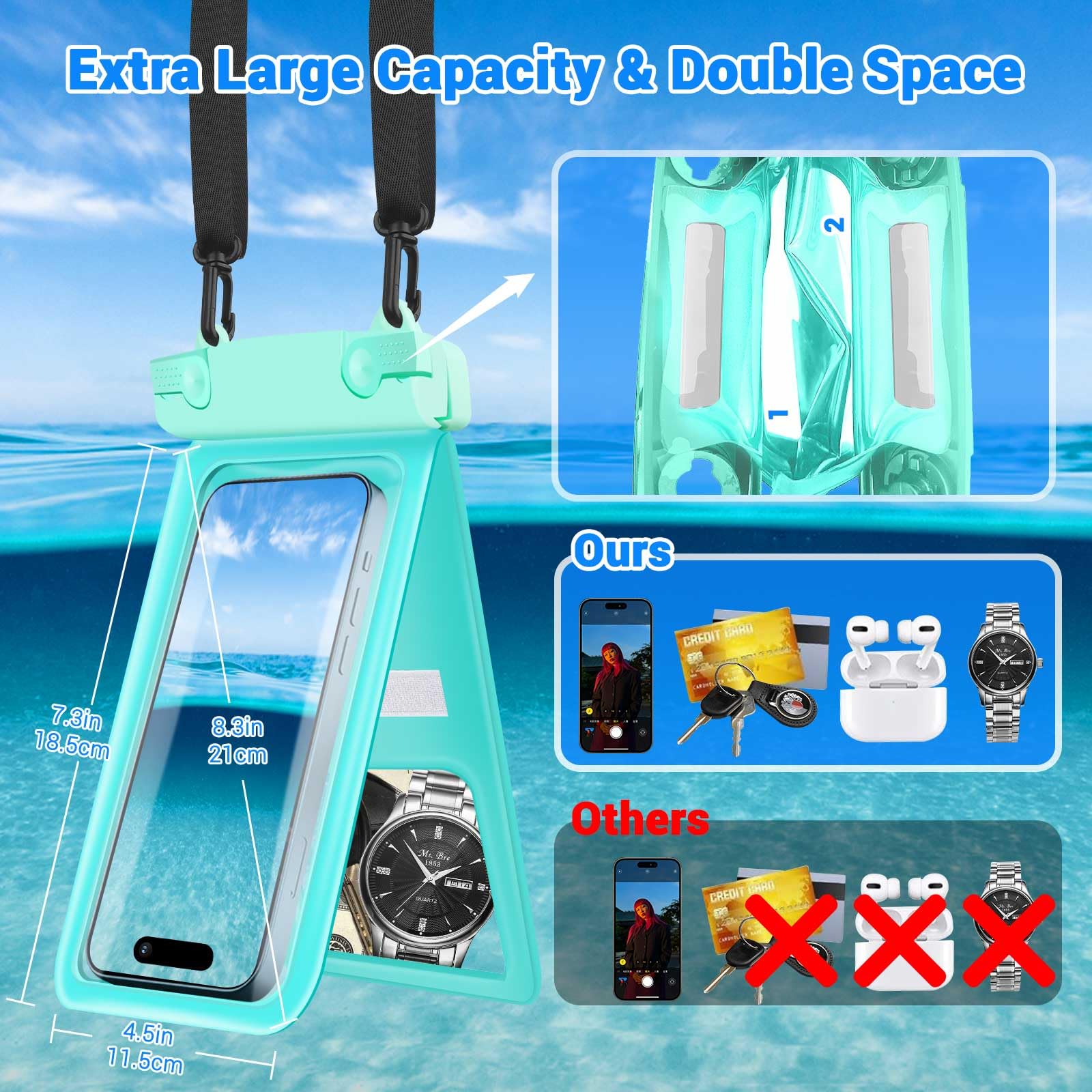 Waterproof Phone Pouch, IPX8 Double Space Cell Phone Case for iPhone 15 14 13 Pro Max Plus Samsung Galaxy S23 S22 Ultra, Detachable Lanyard, Cruise Ship Essentials(Light Green)