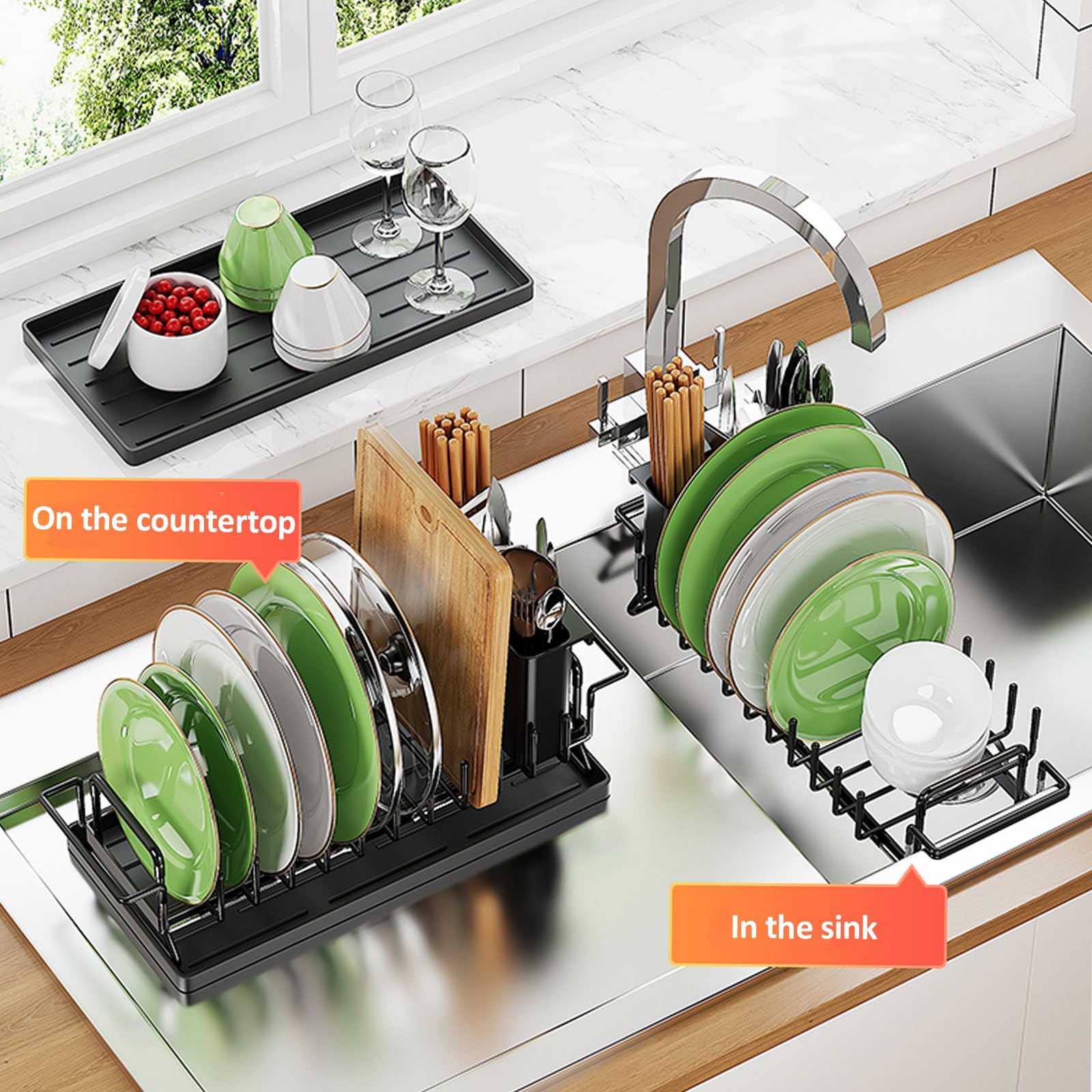 Piccolo scolapiatti telescopico sopra il lavello, scolapiatti con vassoio in silicone per scolapiatti per lavello da cucina e piano di lavoro organizer per stoviglie