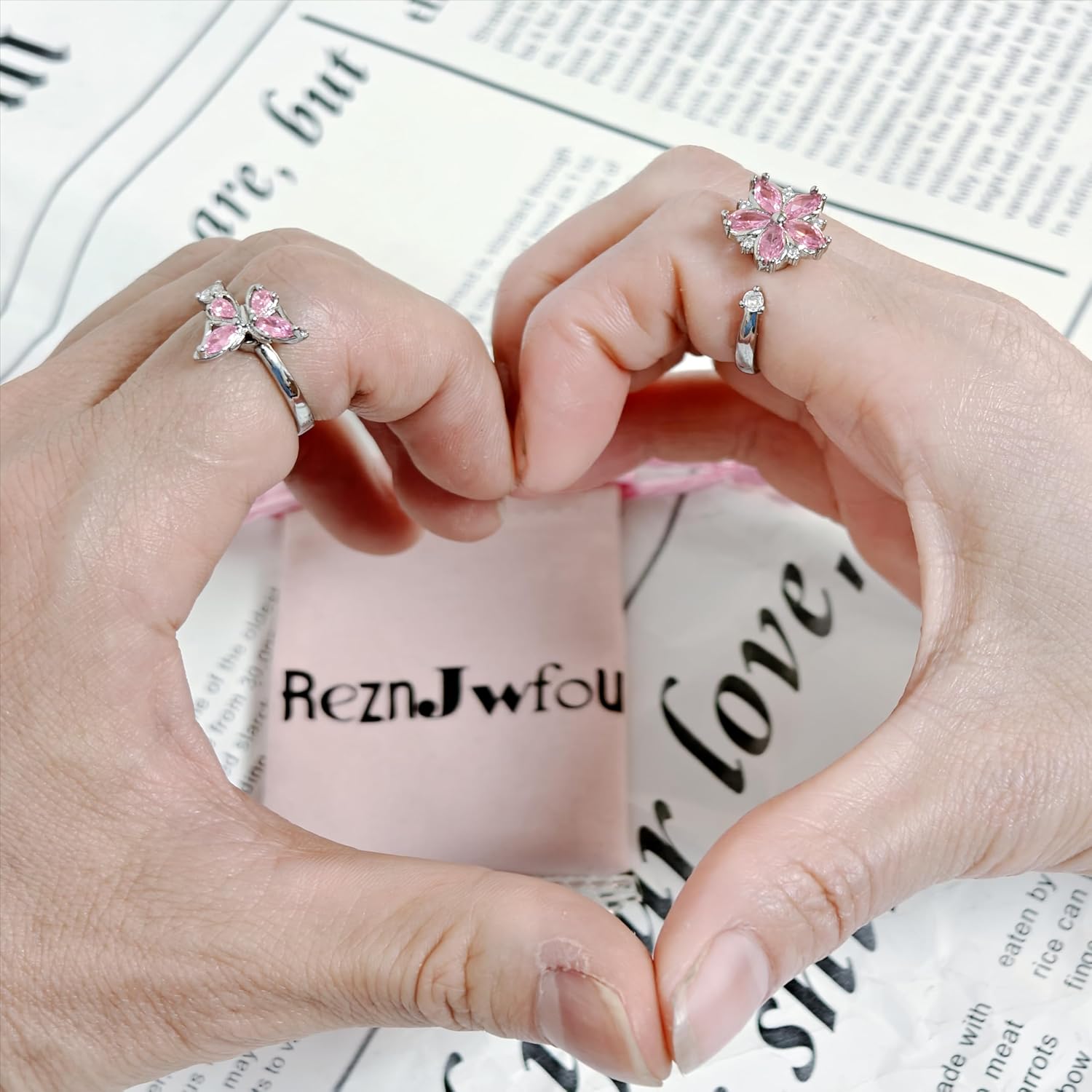 Anti-Anxiety Fidget Spinner Rings, 2PCS Gold or White-Gold Plated Copper CZ Couple Matching Promise Rings, Butterfly and Cherry Blossom Flows Shapes, Adjustable Opening - Image 6