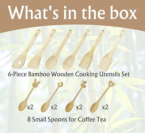 Miniatura 6 de Juego de utensilios de cocina de madera de bambú de 14 piezas, 6 herramientas de cocina resistentes al calor antiarañazos con agujeros de
