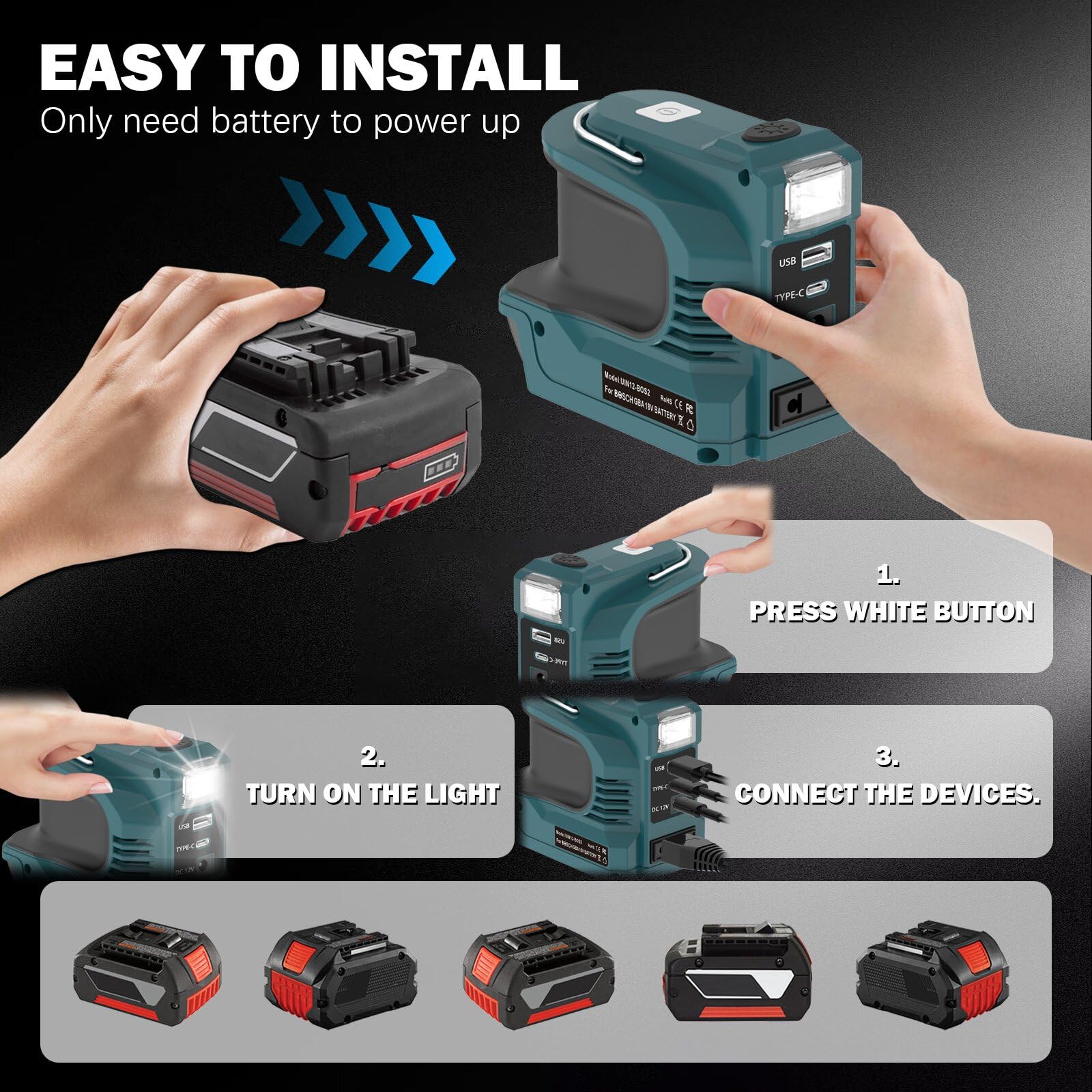220W Akku Wechselrichter für Bosch GBA 18V Akku，DC 18V auf AC 220V Spannungswandler Adapter mit USB Typ-C DC12V Anschluss und LED Lampe,Notstromaggregat für Camping(Akku Nicht enthalten)