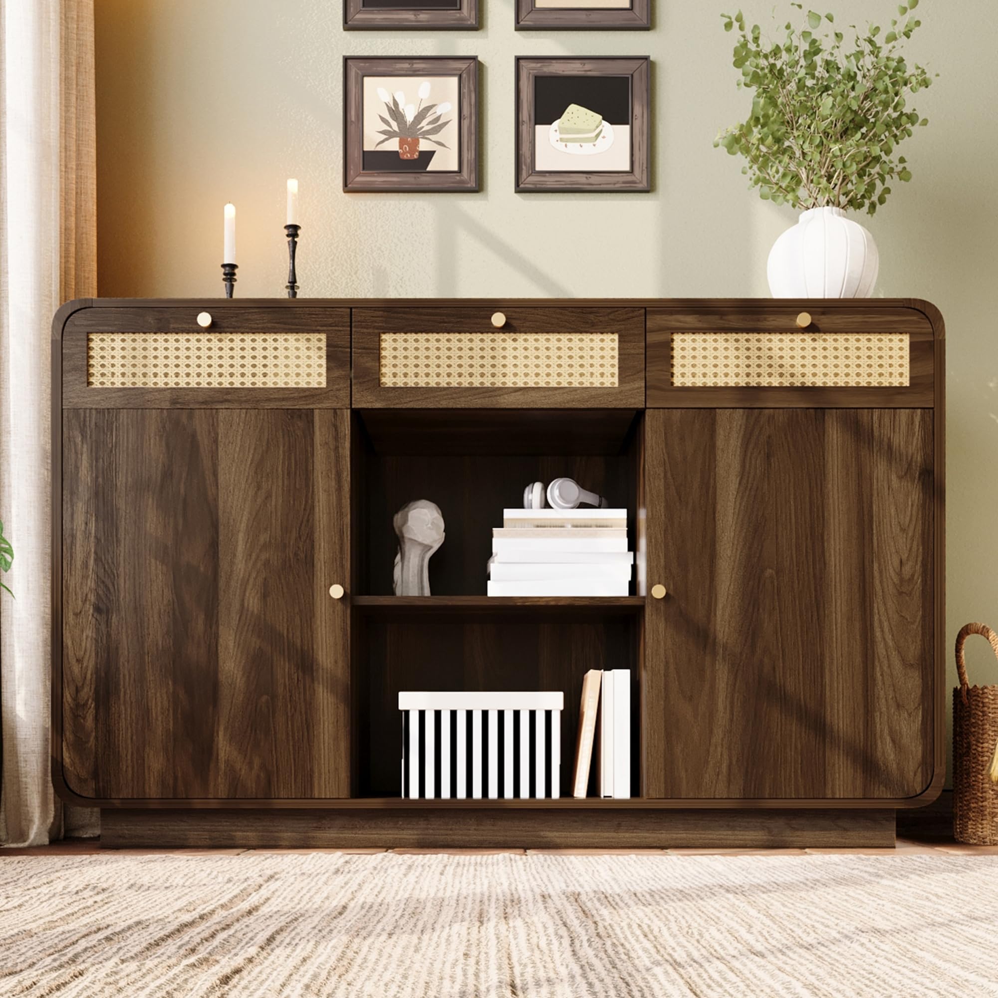 Buffet 120 cm en noyer avec rotin