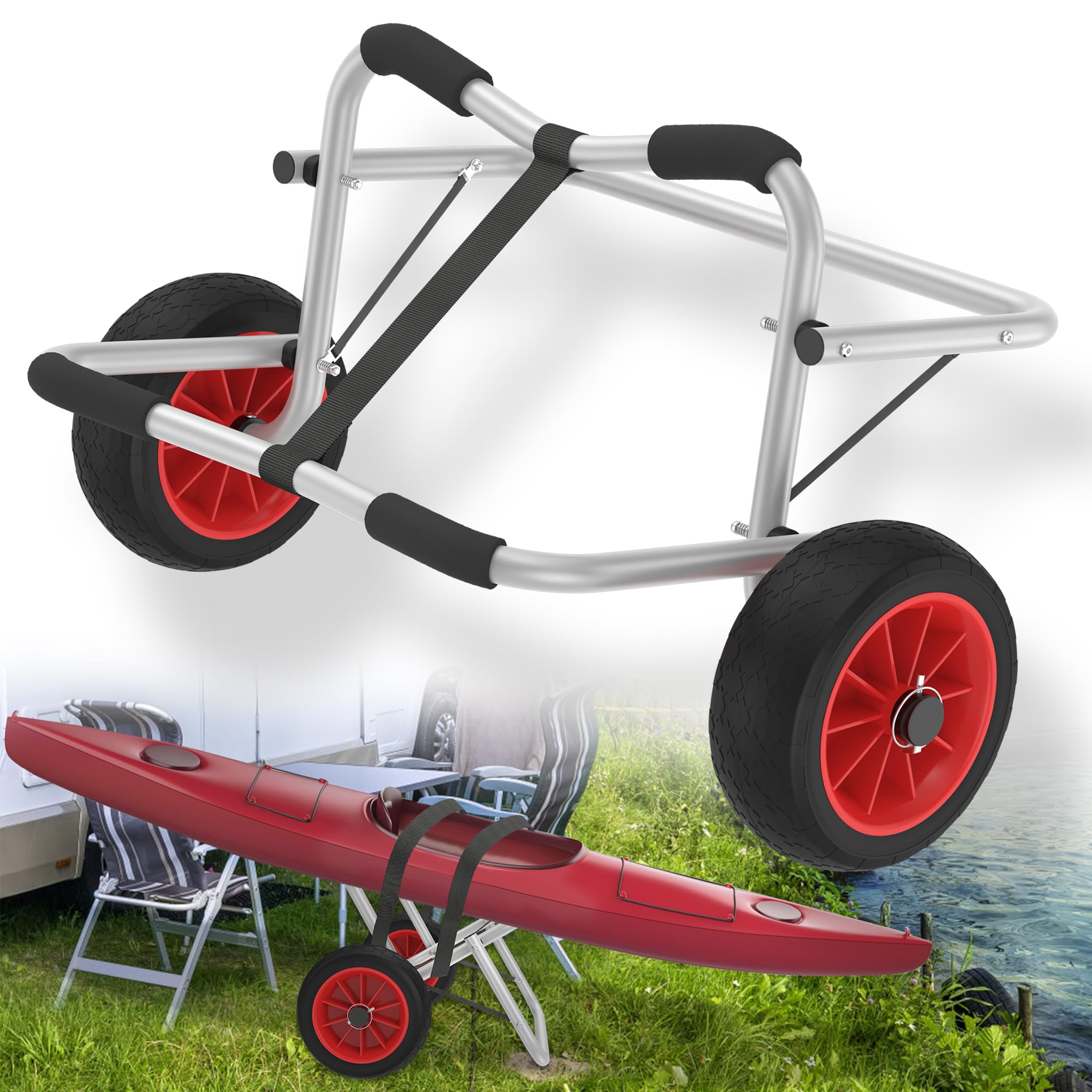 Kanuwagen Faltbarer Alu Kajakwagen SUP Transportwagen mit 2 PU-Räder & Spannriemen bis 100 kg Bootstrailer Trolley,ideal für Boote Kanu Kajak Surfboard Faltboot