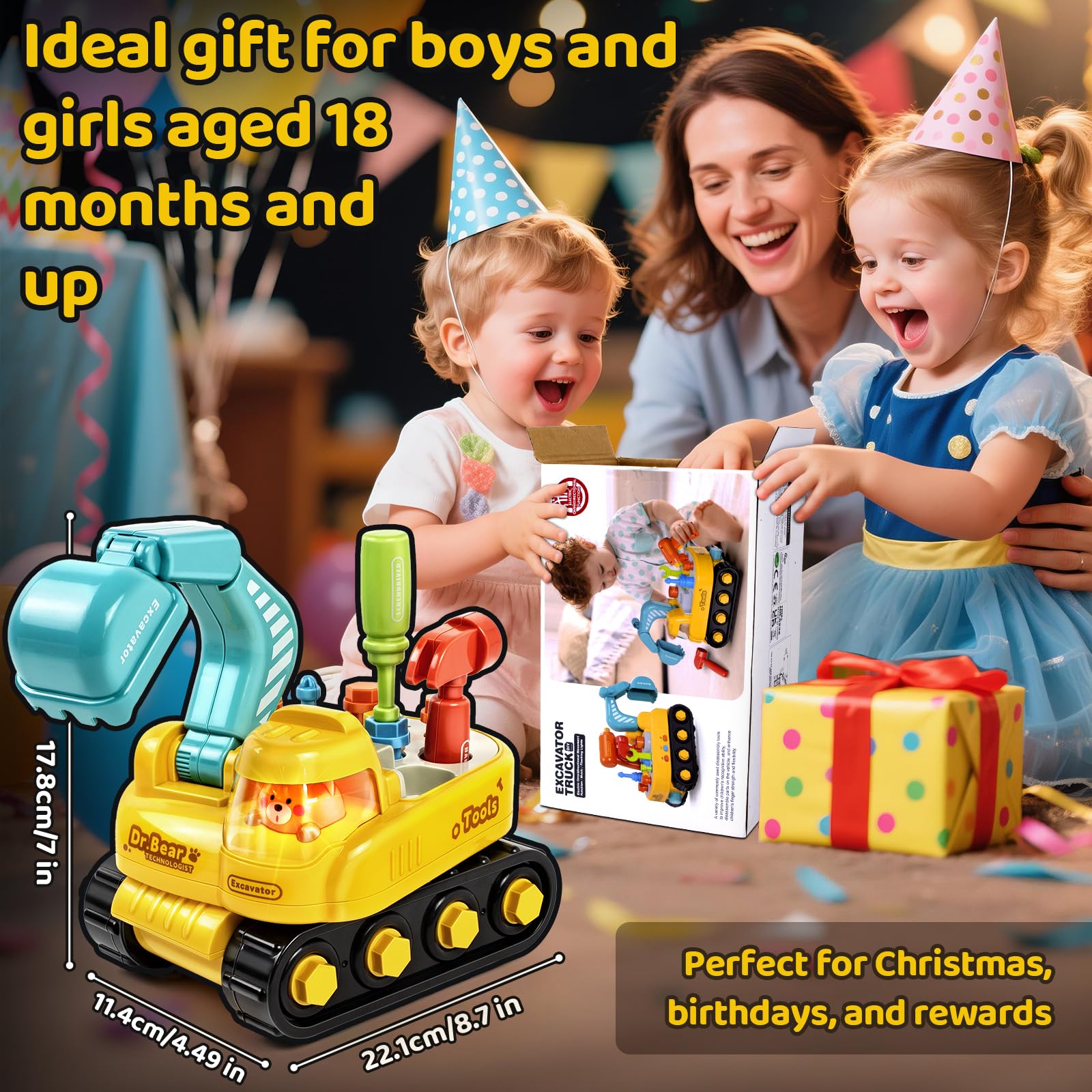 Marstone Jouet Enfant 2 Ans Garcon, Jouet Pelleteuse Électrique Montessori pour Enfants, avec Lumières et Musique, Jouet Éducatif à Visser 1 2 3Ans, Véhicule Chantier Interactif Garçons Filles