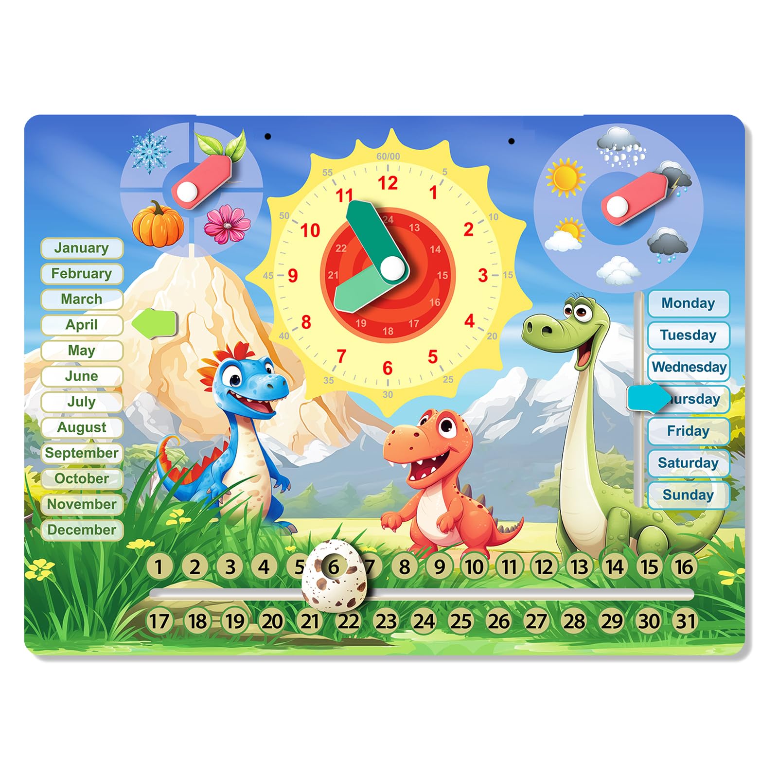 6 in 1Dinosaur Shaped Montessori Wooden Calendar Clock, Early Learning Educational Games Teaching Clock for Learning The Time, Date, Days of The Week, Months, Seasons and Weather for Kids 2+