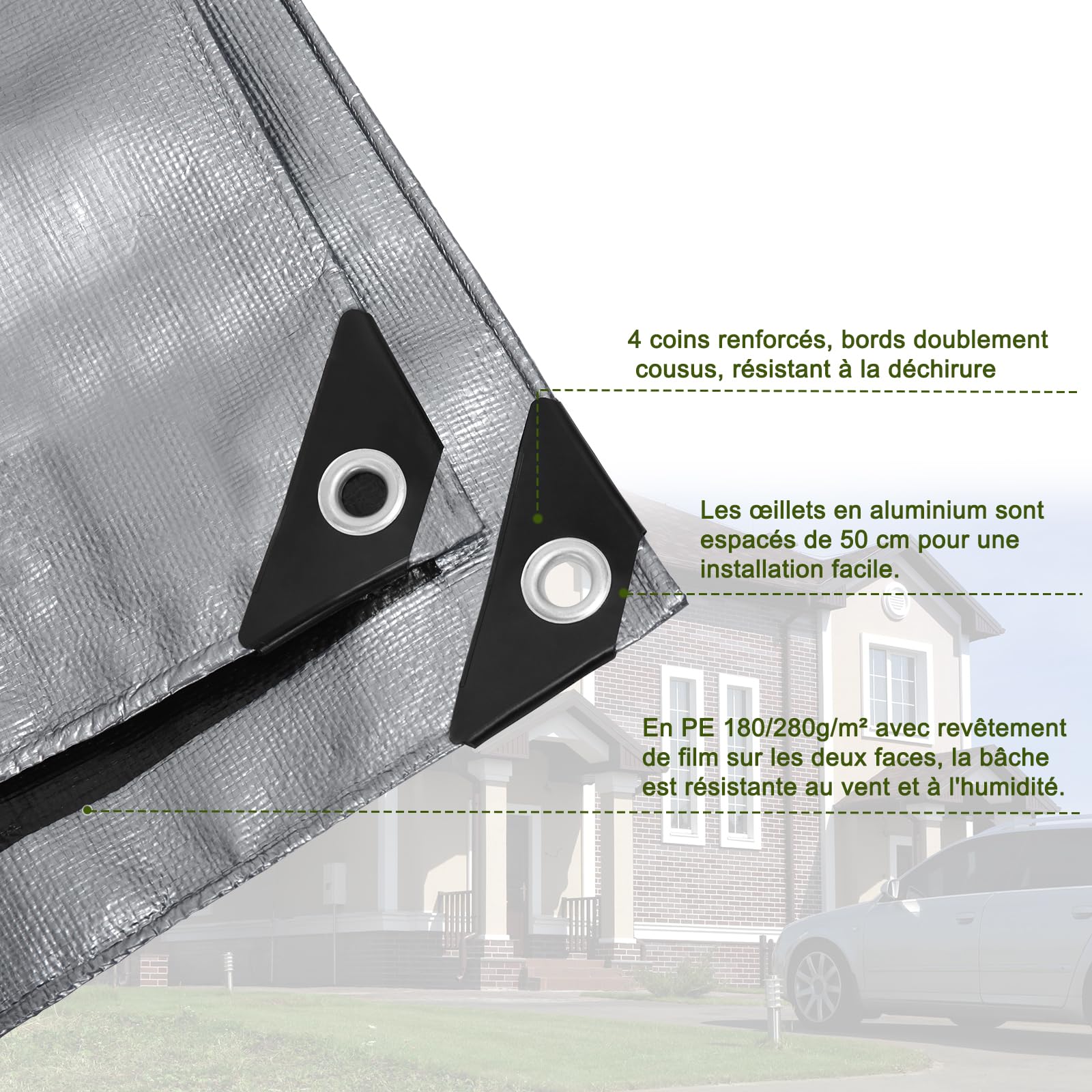 Laneetal Bâche de Protection en Polyéthylène 2x3m 280g/m²² PE Bâche Imperméable Ultra Lourde et Résistante Revêtue des Deux côtés avec Oeillets en Aluminium Couverture Étanche pour Jardin，Grau-schwarz