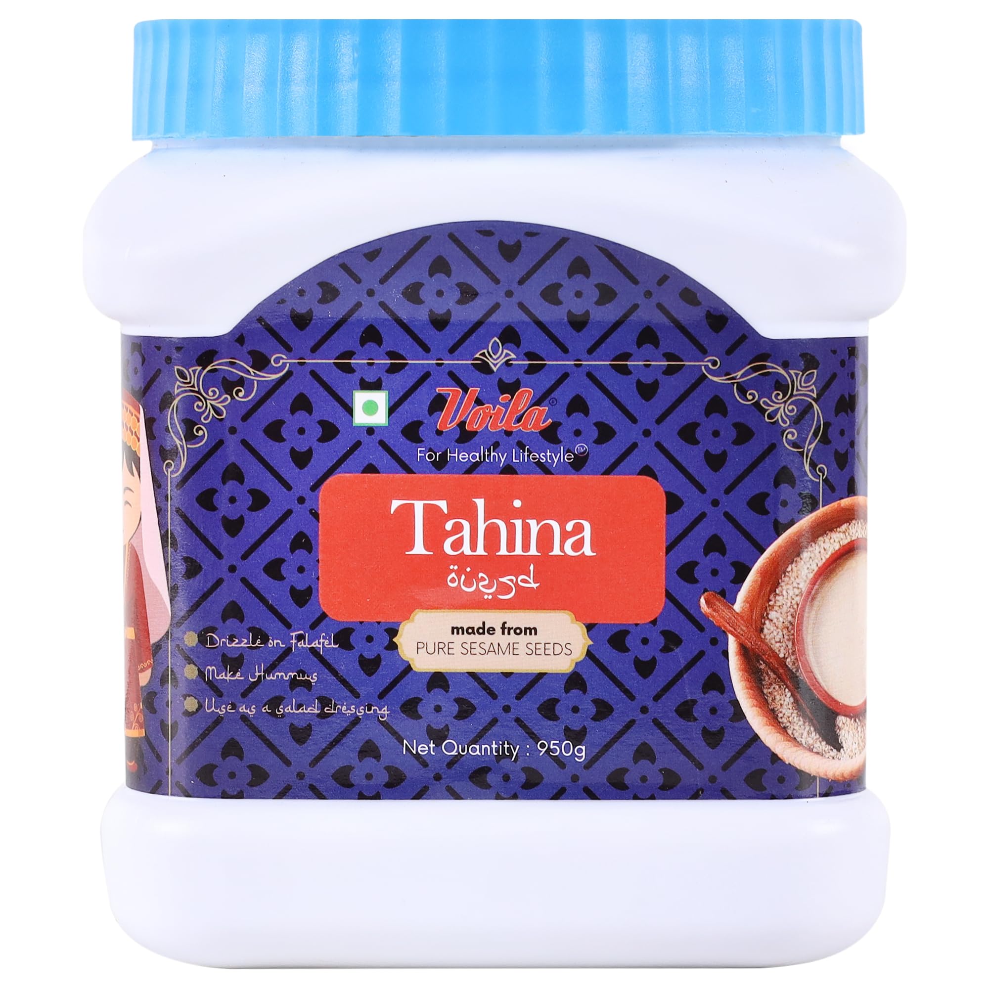 Voila Tahina Pure Sesame Seed Paste 950 gm (Tahini) | Rich in Protein, Antioxidants, Calcium, Iron & Healthy Fats | Smooth & Creamy spread Tahini for Hummus, Falafel, Dips, Dressings, Sauces & Baking, Rich Nutty Flavor,