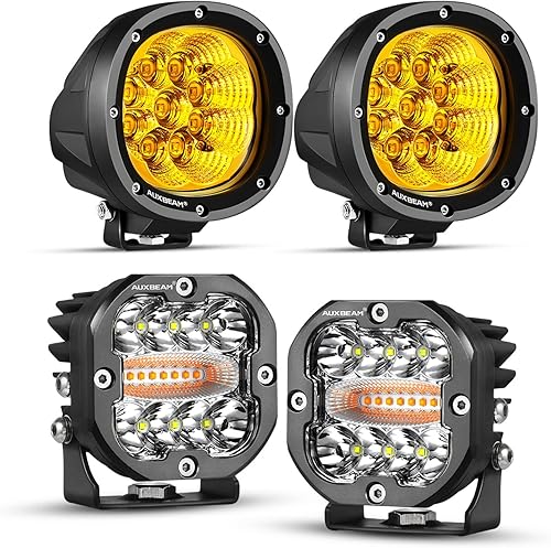 Auxbeam Luces LED redondas de 4 pulgadas para todo terreno + barra de luz estroboscópica de 3 pulgadas, blanco ámbar, 6 modos, 4 luces de conducción