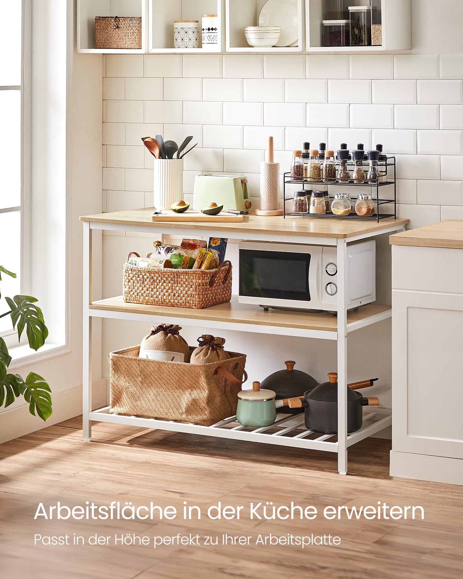 VASAGLE Küchenregal mit großer Arbeitsplatte, 3-stufiges Mikrowellenregal, Stahlrahmen, 60 x 120 x 90 cm, modern, leichte Montage, eichenfarben-weiß KKI001W09