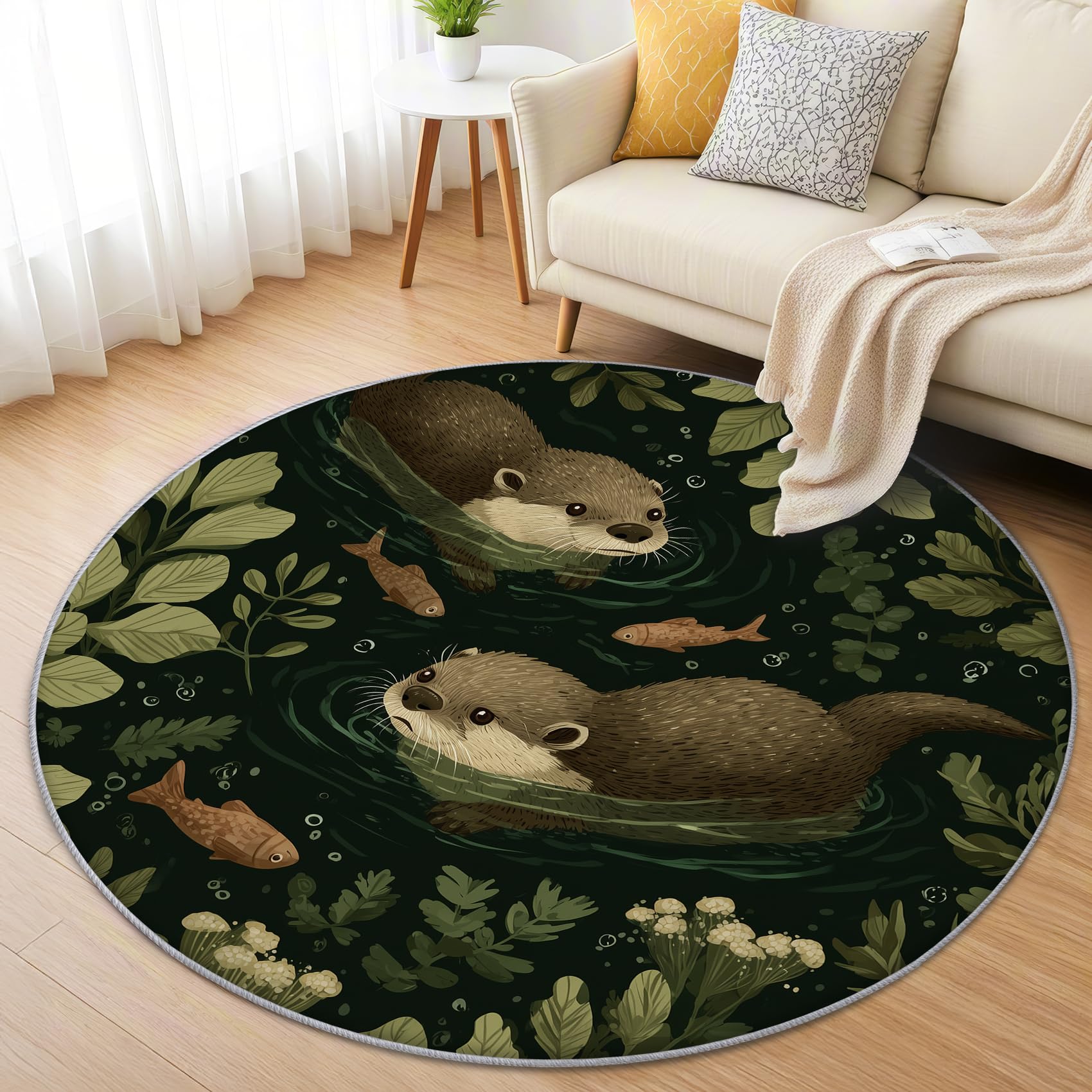 Otter Teppich Rund 120cm Kurzflor - Waschbare Teppiche Wohnzimmer Süße Otter Fisch Kinder Tier - Runder Teppich 120 Durchmesser Kinderzimmer - Bettvorleger rutschfest Weich