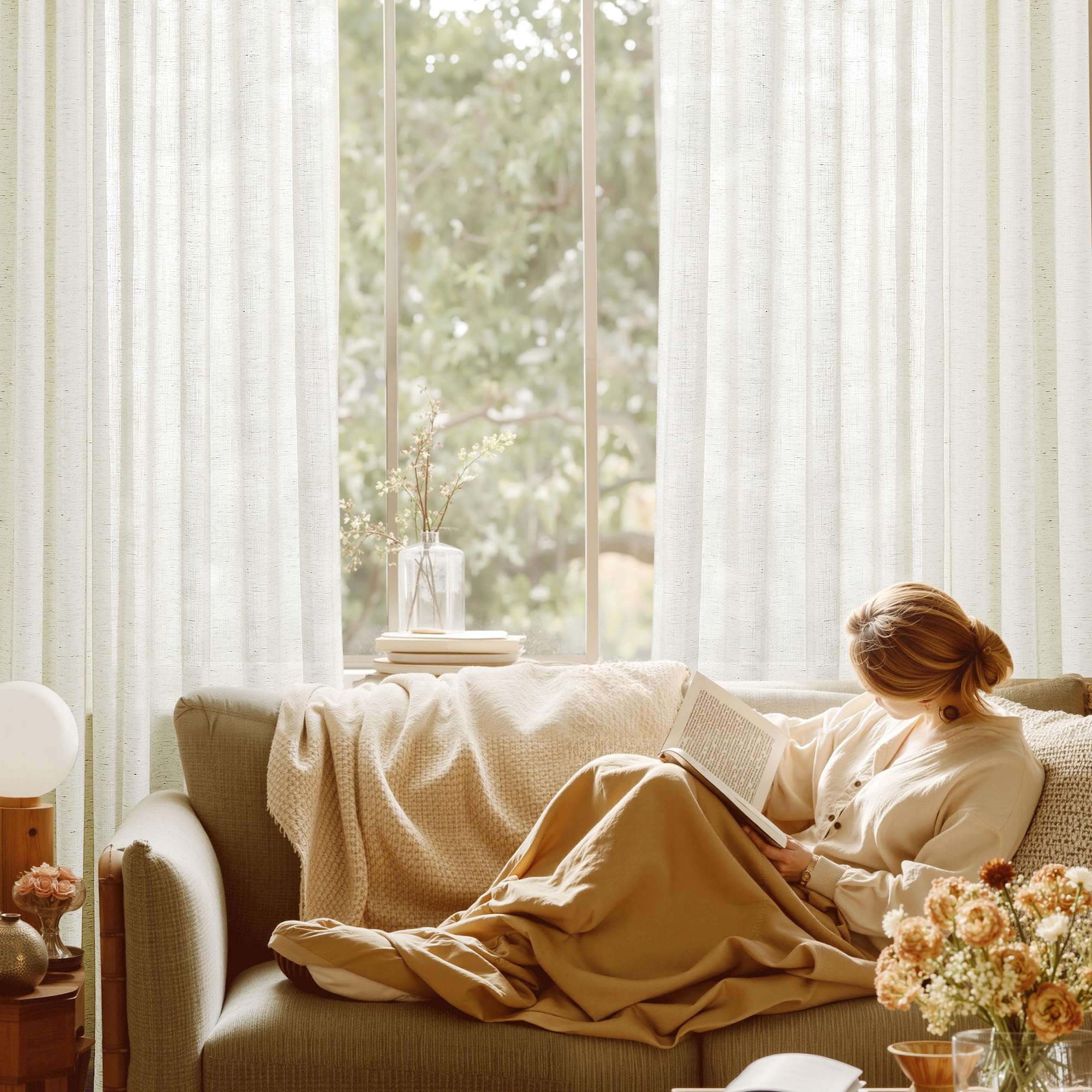 KGORGE Cortinas de 3 Metros Grande, visillos Translucidos Separador de Ambiente con Ganchos para Riel 1 Pieza para Salon/Dormitorio Matrimonio/Comedor,300x240cm,Blanco