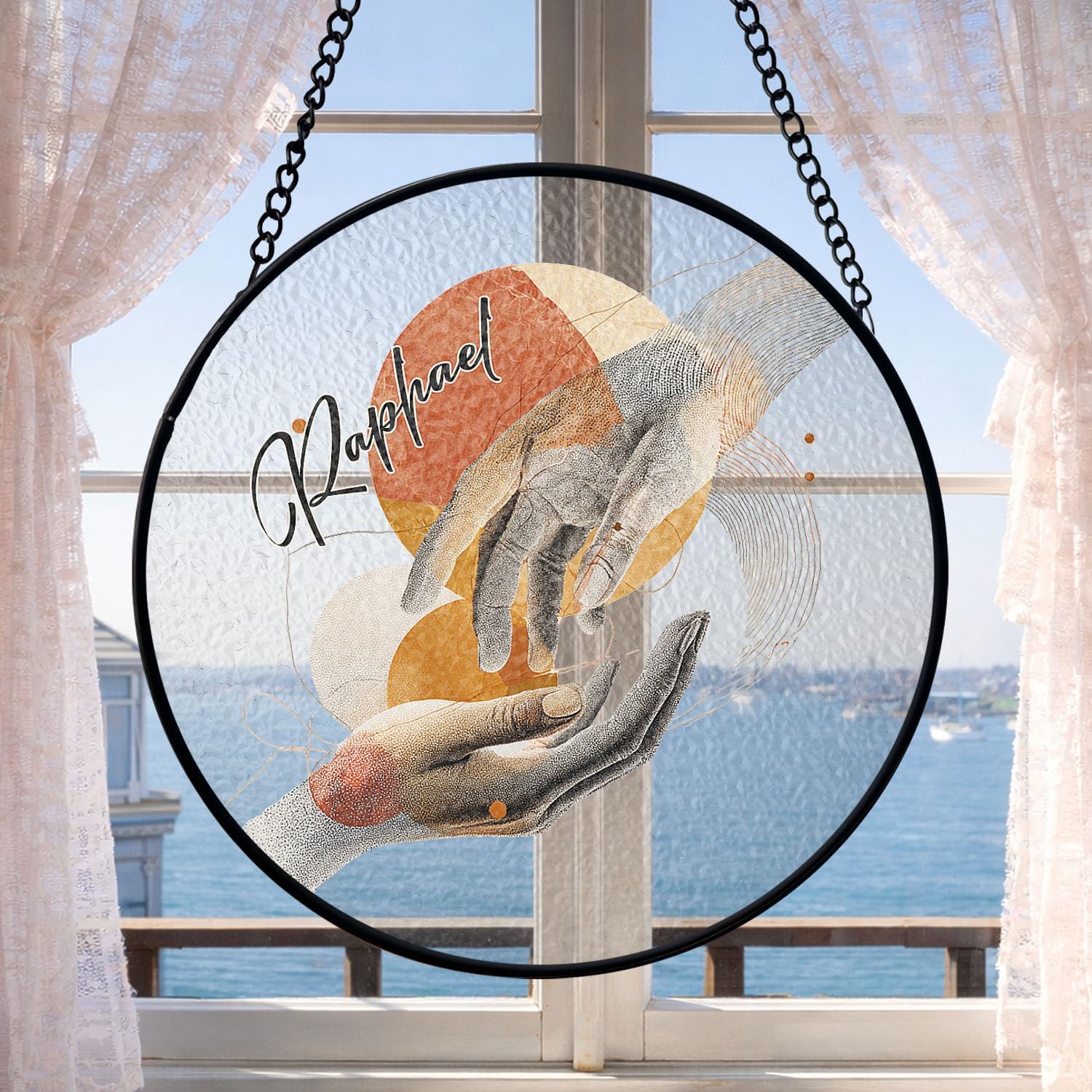 Minimalist Hands Window Hanging Decor, Personalized Name Abstract Round Glass Suncatcher, Gifts for Couples On Engagements, Abstract Holding Hands Suncatcher, Modern Art Home Decor