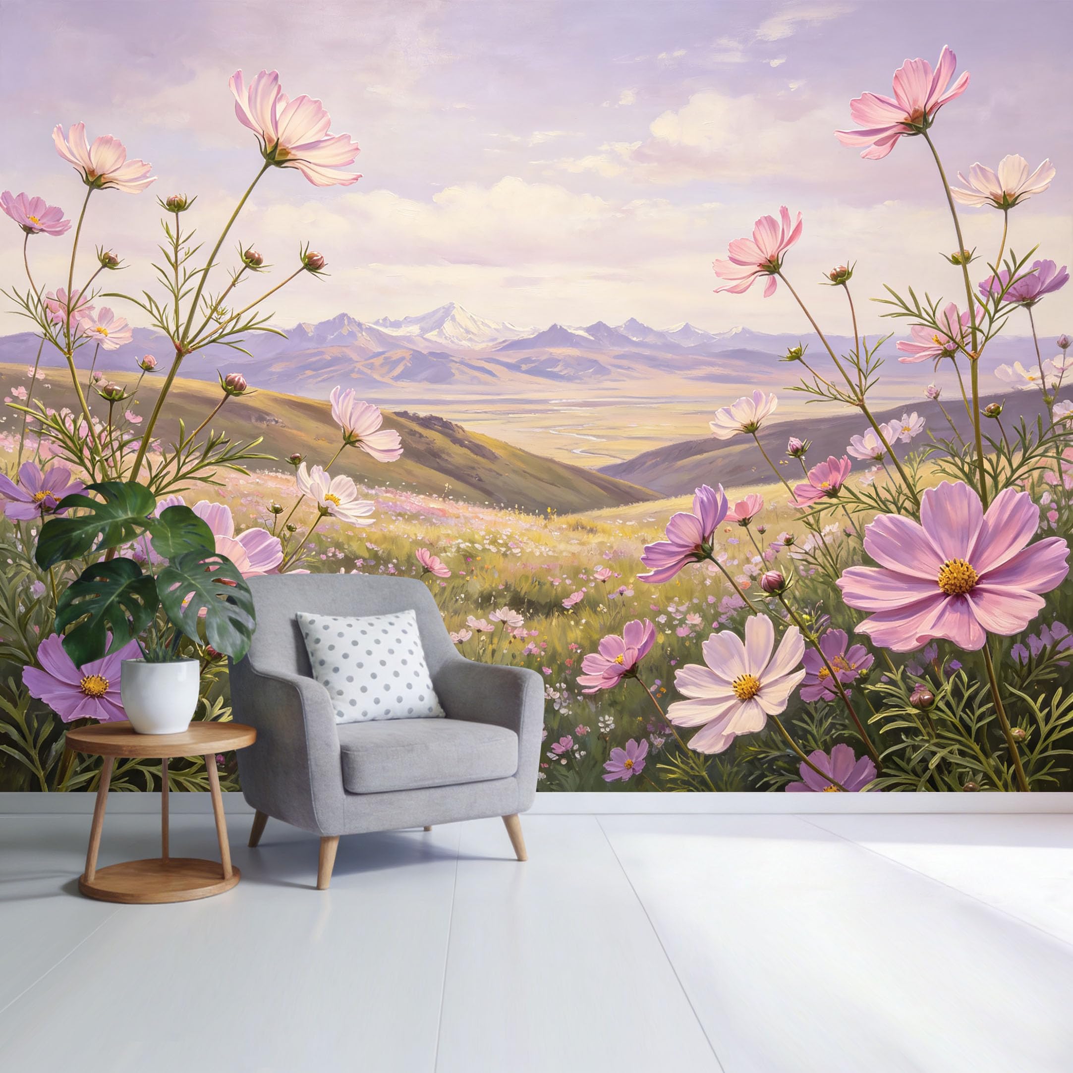 Custom Size Wall Mural Mountain Meadow Landscape Pink Cosmos Flower Field Watercolor Nature Scenery SelfAdhesive Wall Fabric Removable Wallpaper for Home Office Decor