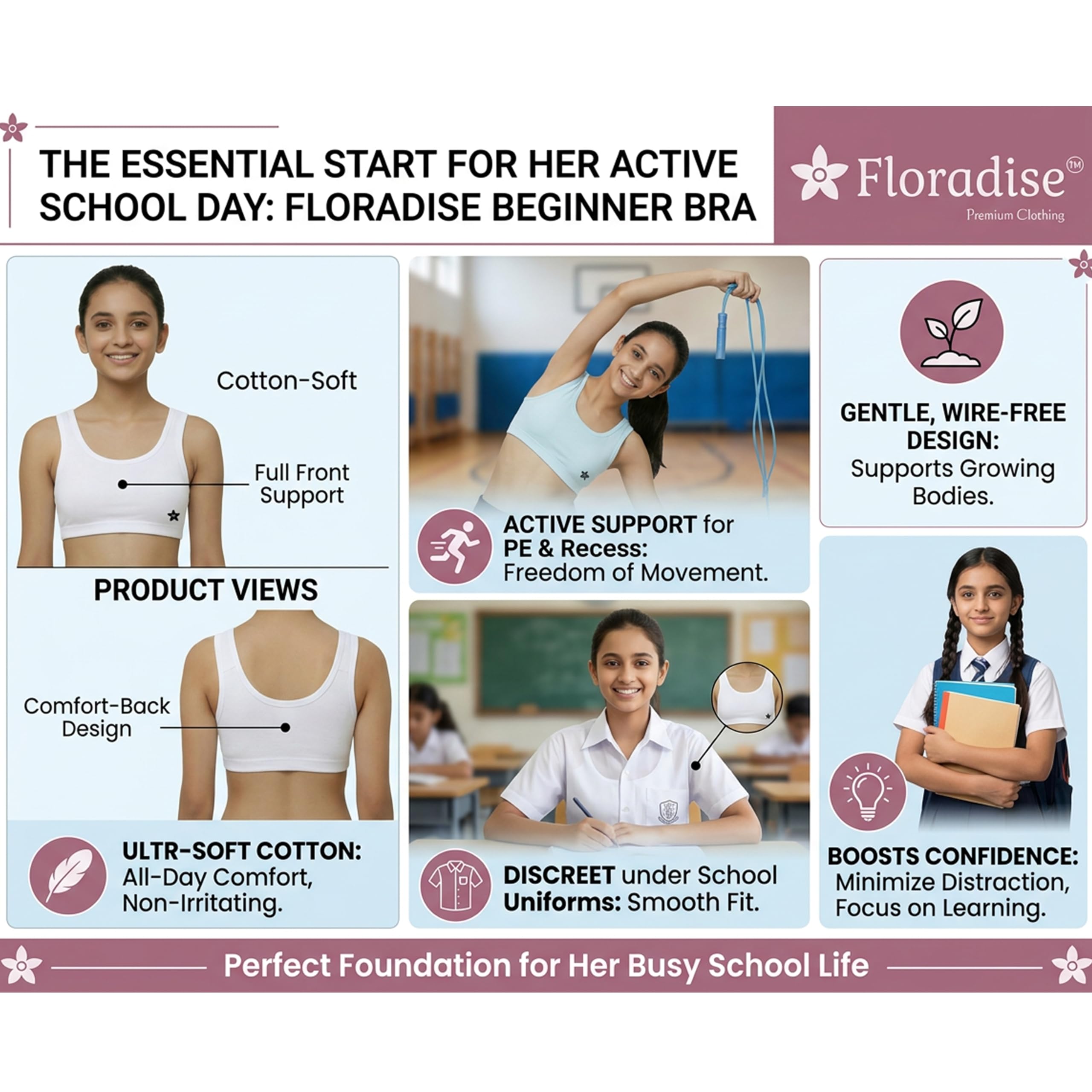 Floradise Girls Cotton Sports Bra (Pack of 2) | Dual Layer | Non-Padded | Pull-On | Wire-Free | Broad Strap | Perfect for Sports (in, Age, 14 Years, 16 Years, Regular, White & White) 1