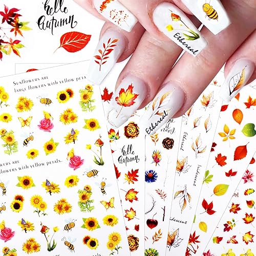 Miniatura 4 de BIHRTC 15 hojas de calcomanías para uñas, girasoles son flores, hojas de arce, calcomanías autoadhesivas para arte de uñas para mujeres y niñas,