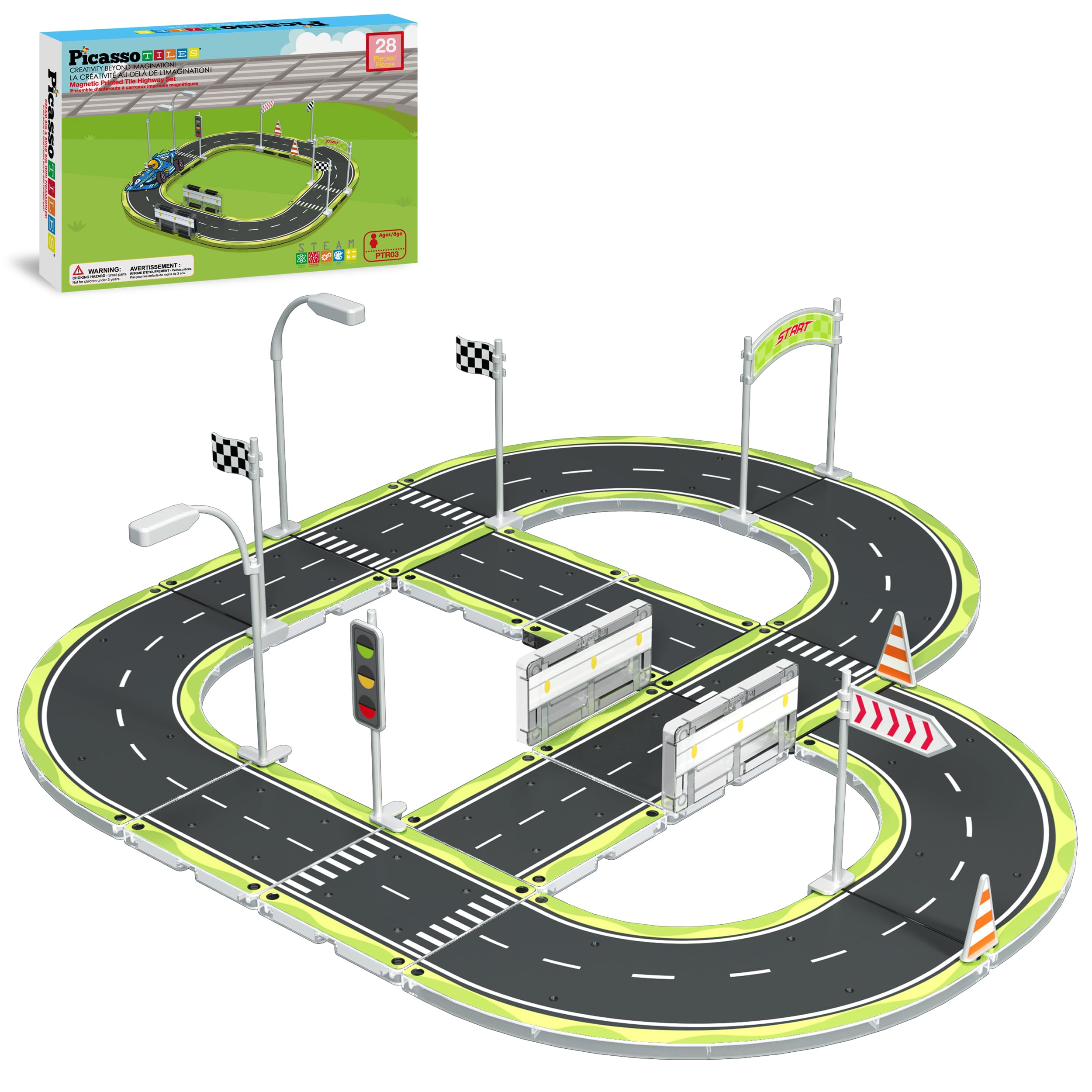 PicassoTiles Magnet Tile Building Block Construction Toy Set Street Sign Traffic Kit Highway Road Race Track with Bumper Barricade Accessory Sticker Education Magnetic Tiles Kids Age 3+ PTR03