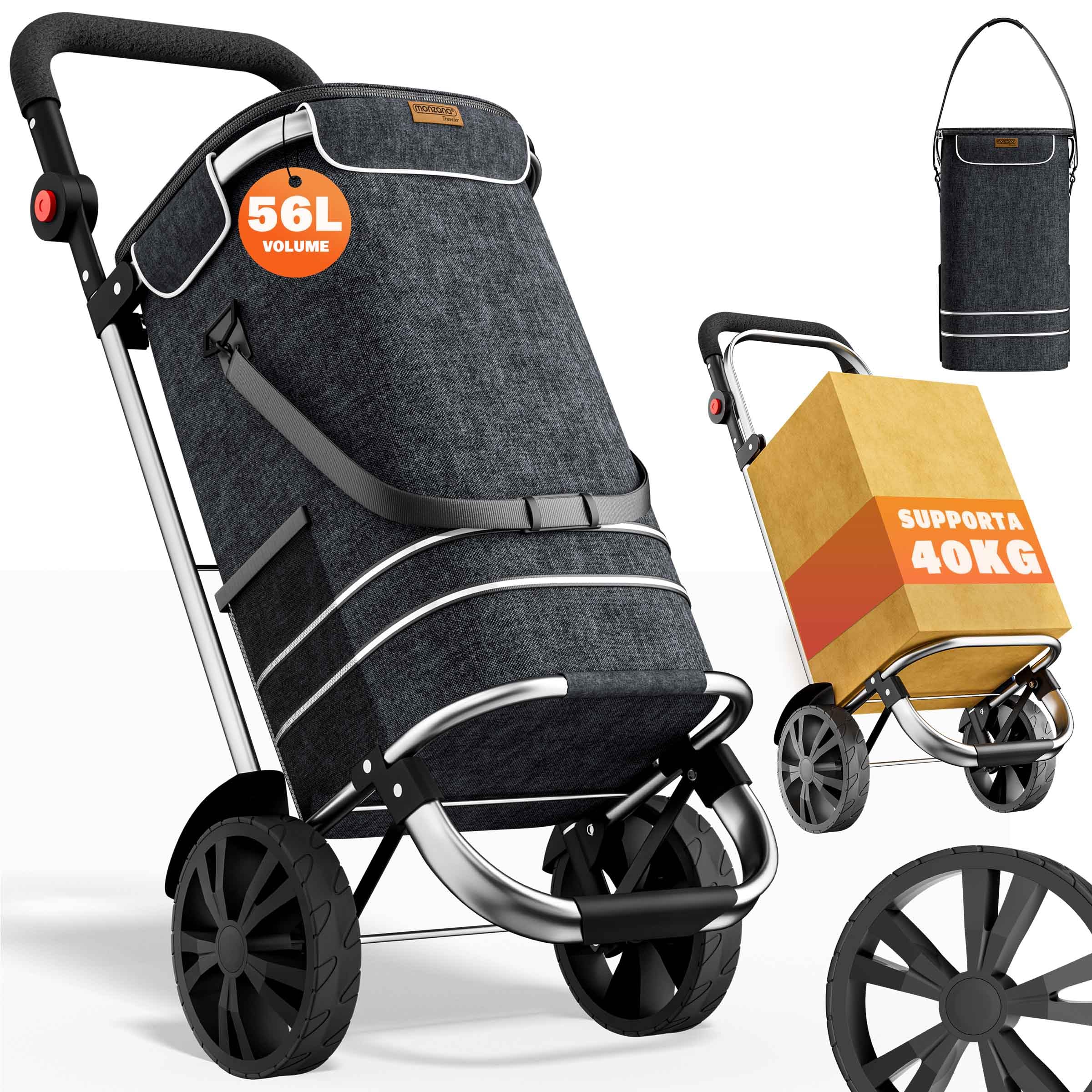 MONZANA Carrello della Spesa 3in1 56L fino a 50 kg Borsa Pieghevole Rimovibile Carrellino Portaspesa Trolley Nero