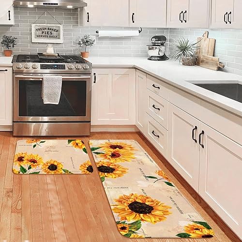 Juego de 2 alfombras y tapetes de cocina de girasol impermeables antideslizantes antifatiga para cocina suelo hogar lavandería 17 x 28 pulgadas 17