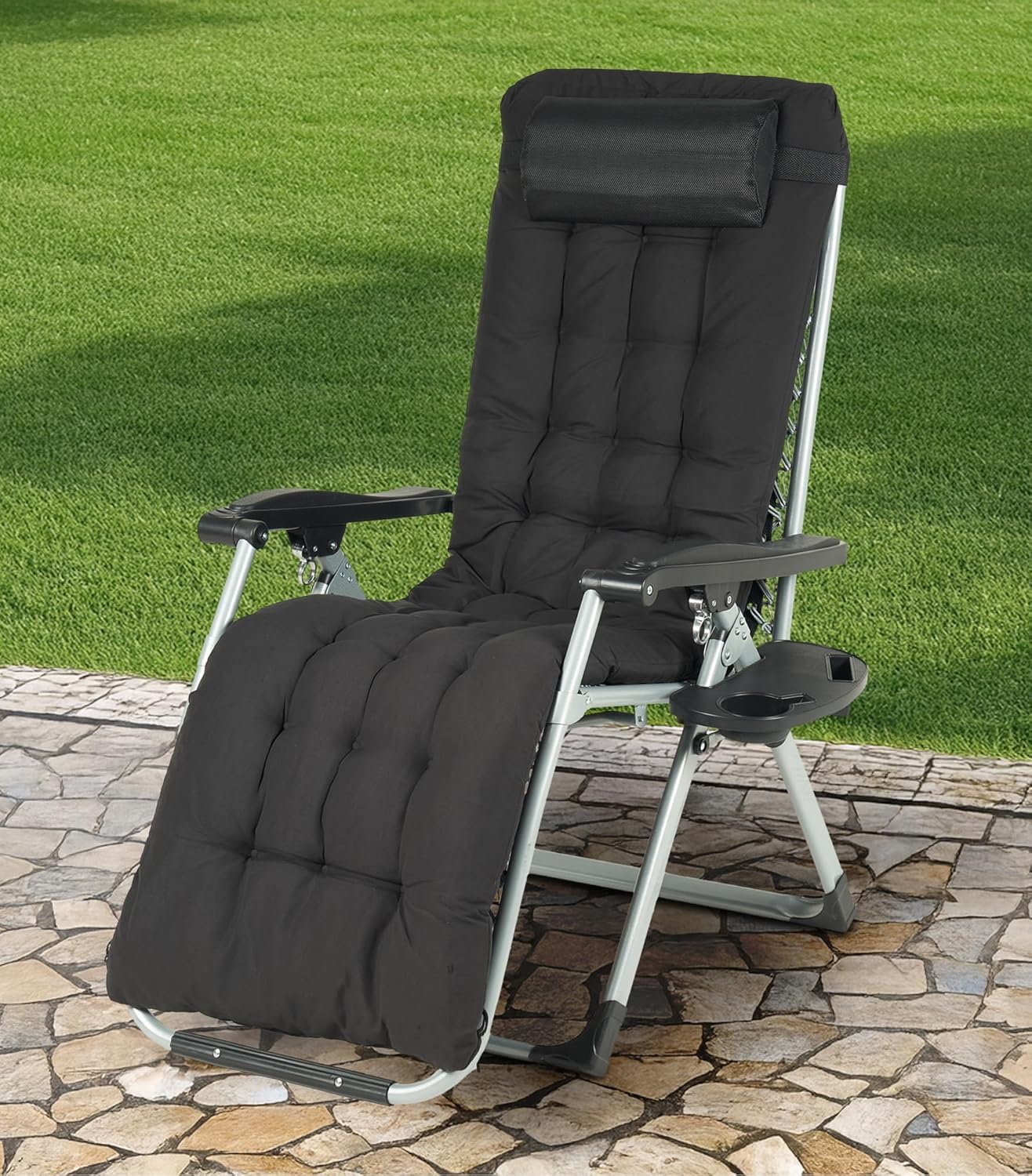 IlGruppone Sedia Sdraio 0 gravità Reclinabile Giardino Poltrona Pieghevole Relax Prendisole Lettino Cuscino Imbottito Portabicchiere Patio Campeggio Spiaggia con Poggiatesta Regolabile - Nera