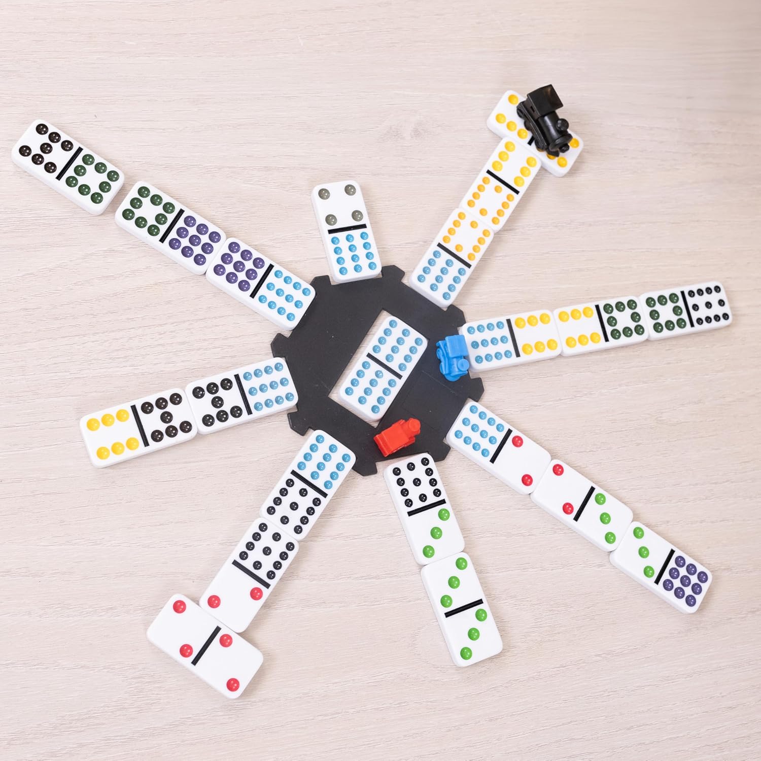 Elbow Room Games Mexican Train Dominoes Set – Double 12 Color Dot Dominos Game with Tin Case & Hub for Family Fun