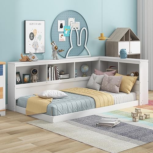 Miniatura 3 de Harper & Bright Designs Sofá cama de tamaño individual, marco de cama individual de madera con estanterías en forma de L y puertos USB, sofá cama