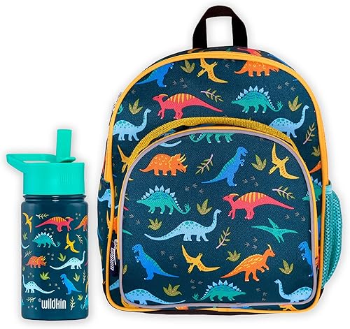 Wildkin Paquete de mochila de 12 pulgadas con botella de agua reutilizable de acero de 14 onzas dinosaurios jurásicos