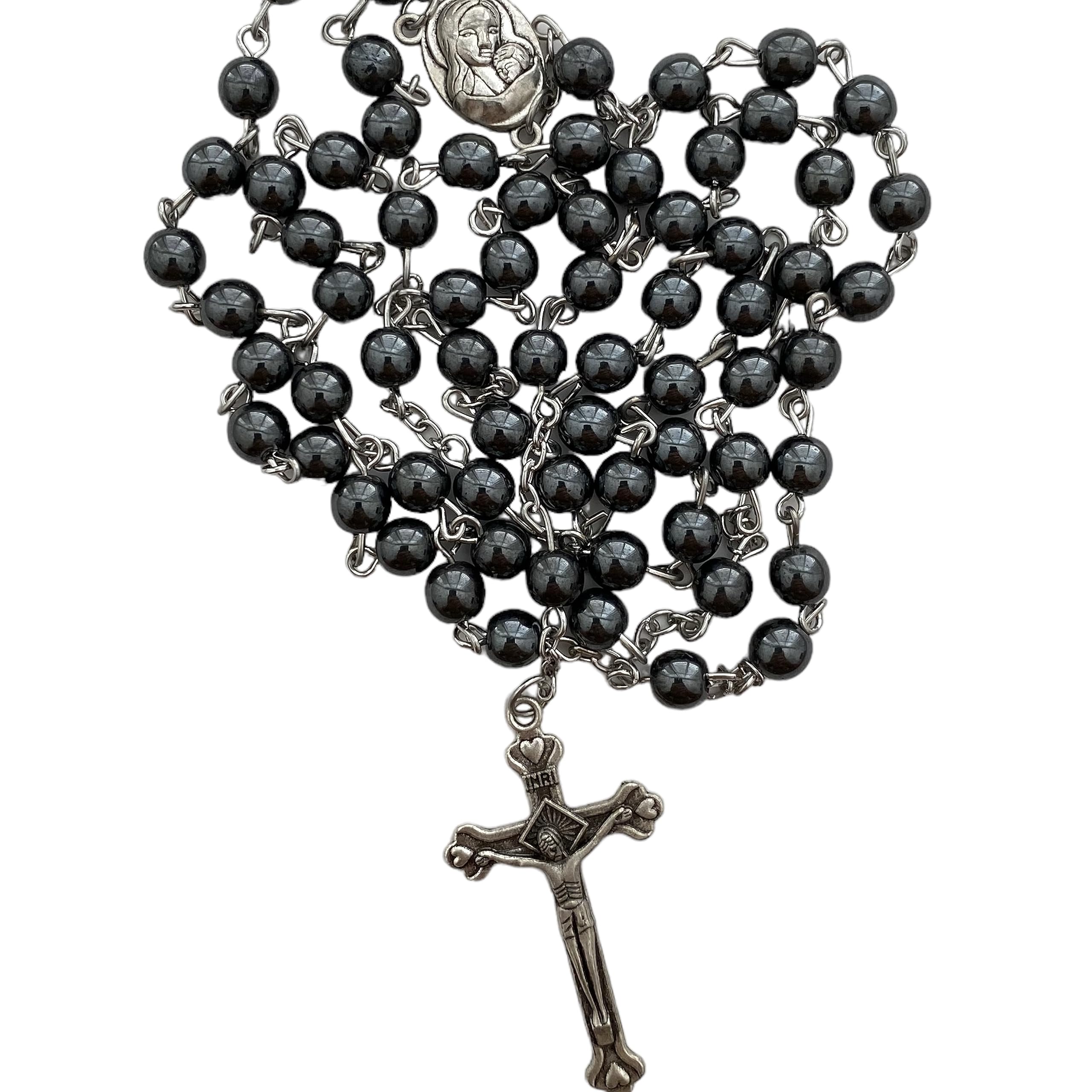 Spring Nahal Catholic Black Glass Crystal Rosary Necklace - Holy Beads with Silver Cross for Men and Women - from Jerusalem