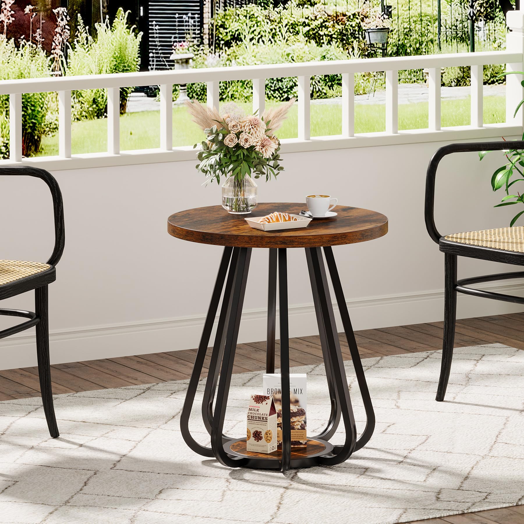 Tribesigns Round End Table with Storage, 2-Tier Side Table with Metal Frame and Lower Shelf, Small Accent Table Nightstand for Living Room, Bedroom, Small Spaces, Vintage Brown & Black