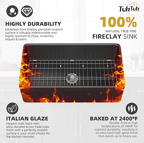 Miniatura 2 de Fregadero negro de granja de 30 x 18 pulgadas, delantal delantero de granja, arcilla refractaria, fregadero de cocina grande con cuenco individual,
