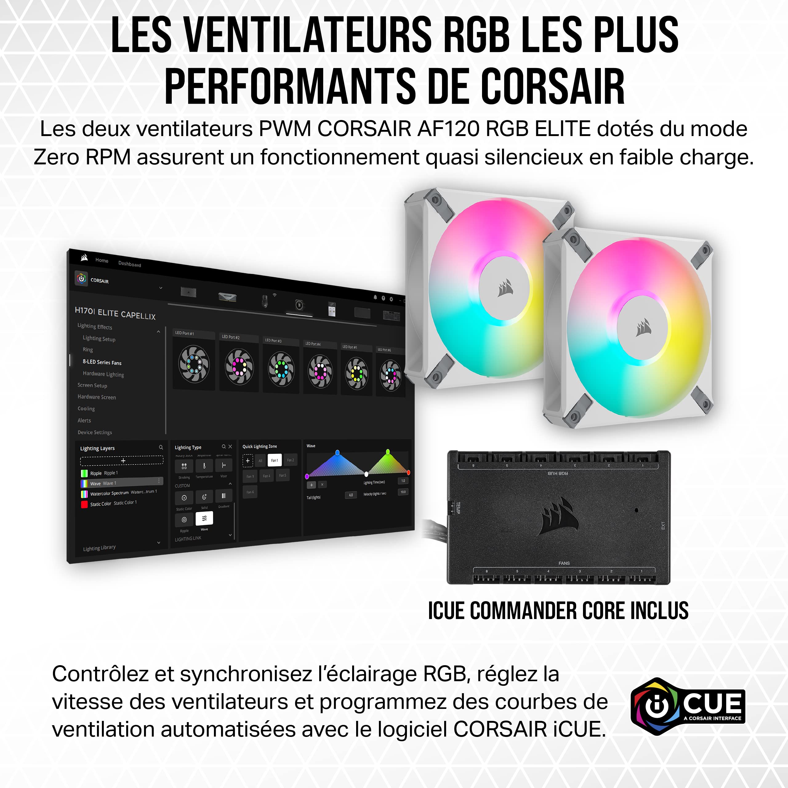 Corsair iCUE H100i ELITE CAPELLIX XT Refroidisseur de CPU Liquide - Deux Ventilateurs AF120 RGB ELITE - Radiateur 240mm - Intel® LGA 1700, 1200, 115X, 2066, AMD® AM5, AM4 - Blanc