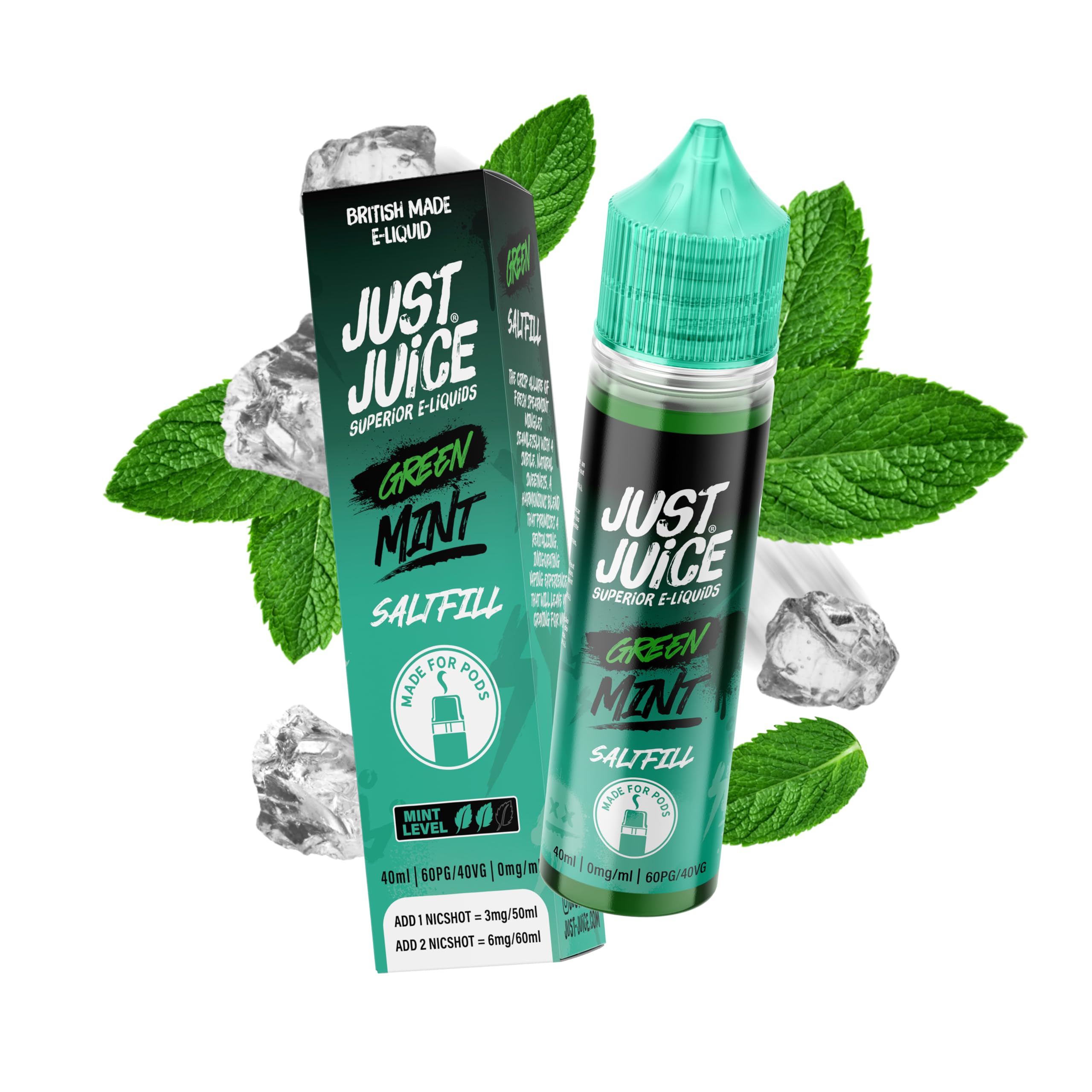 Just Juice Superior E-Liquids Mint Saltfill Vape Liquid - Green Mint - 60ml Bottle with 40ml of Super Concentrated Juice, 60/40 0mg e-Liquid