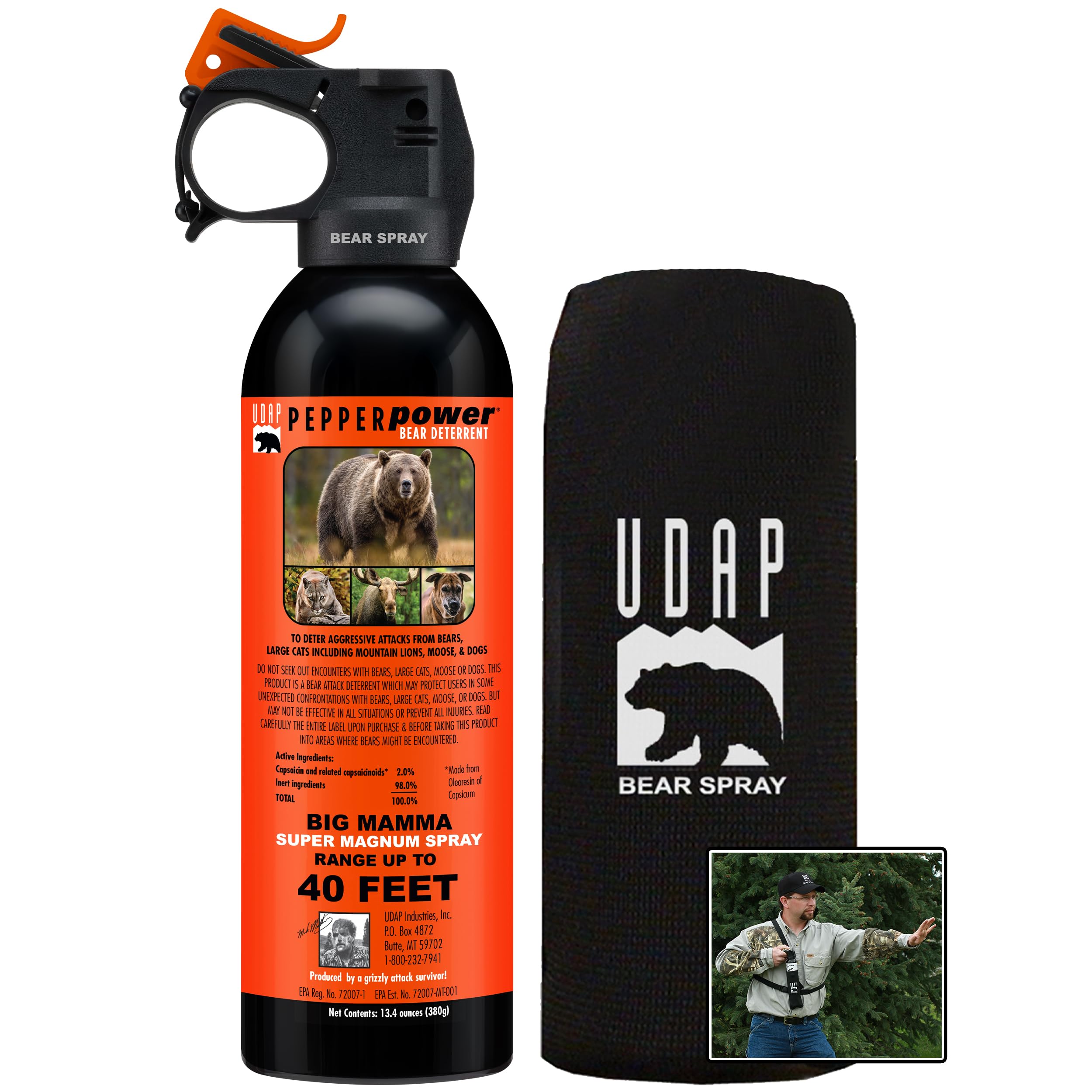 Udap Pepper Power Super Magnum Bear Spray Self-Defense Force Deterrent with Chest Holster for Camping, Hiking, Fishing, Powerful Blast Pattern, 35 Feet Fog Barrier 18CP 13.5oz