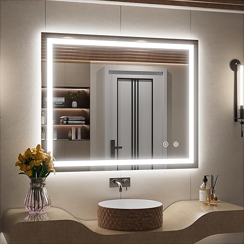 Espejo de baño LED con luces, 24 x 32 pulgadas, frontal y retroiluminado, espejo de tocador de baño, regulable continuo, montaje en pared, espejo