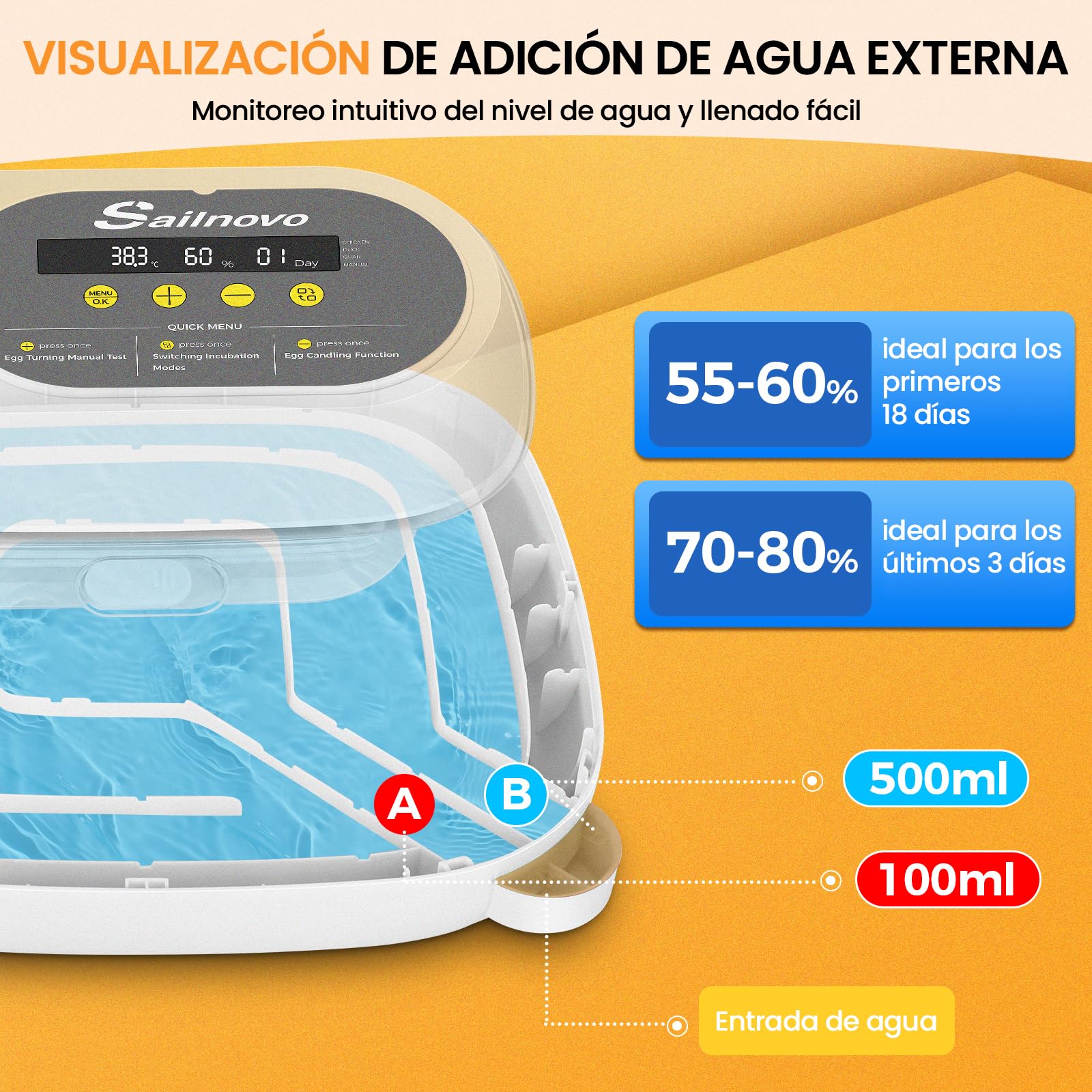 Sailnovo Incubadora para 24 Huevos con 4 Modos, Incubadora de Huevos con Volteo Automático y Monitor de Humedad, Lámpara de Huevo, Incubadora Huevos Gallina Vista 360° Ventana Transparente, Gris