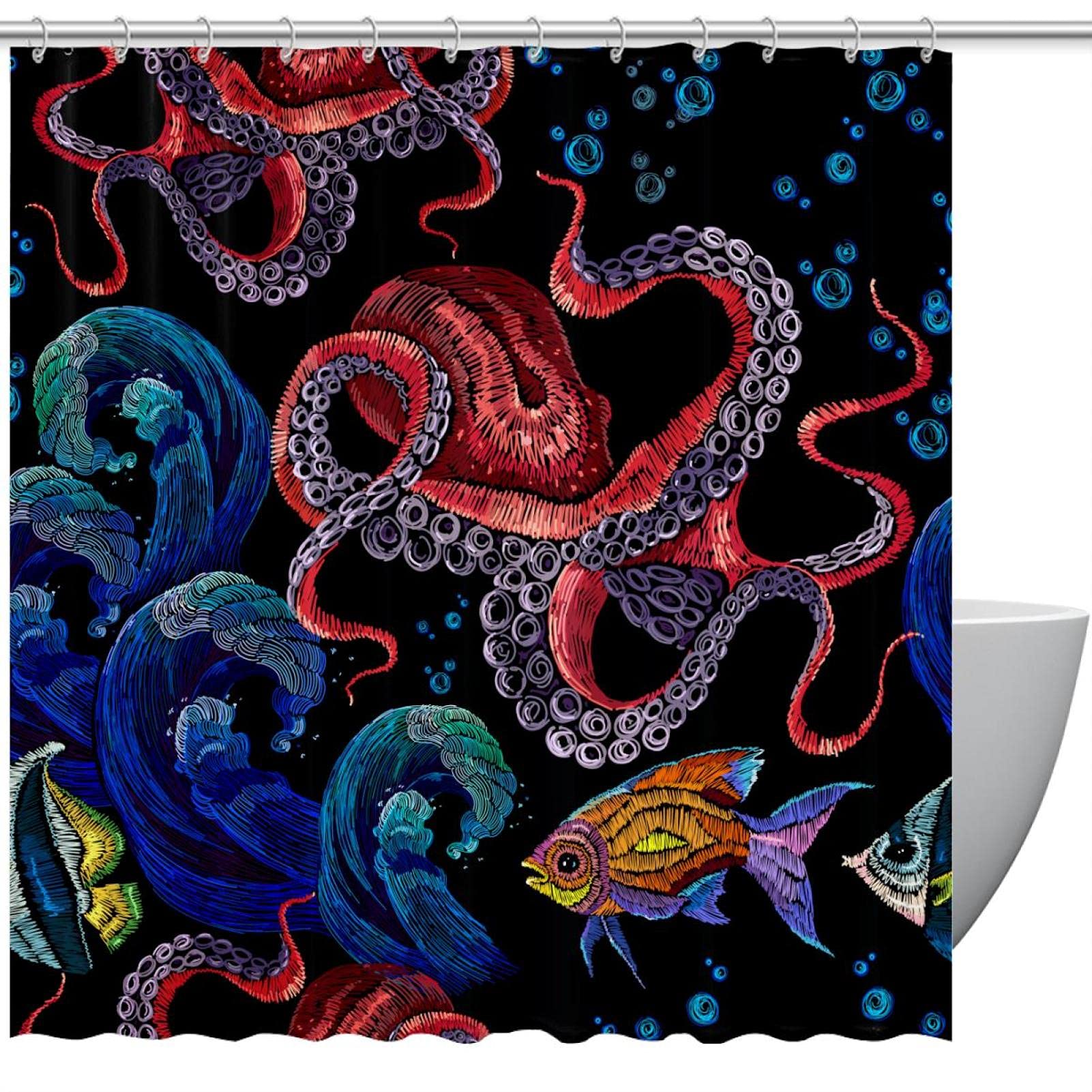Rideau de douche abstrait faune marine 183 cm avec crochets de fixation inclus